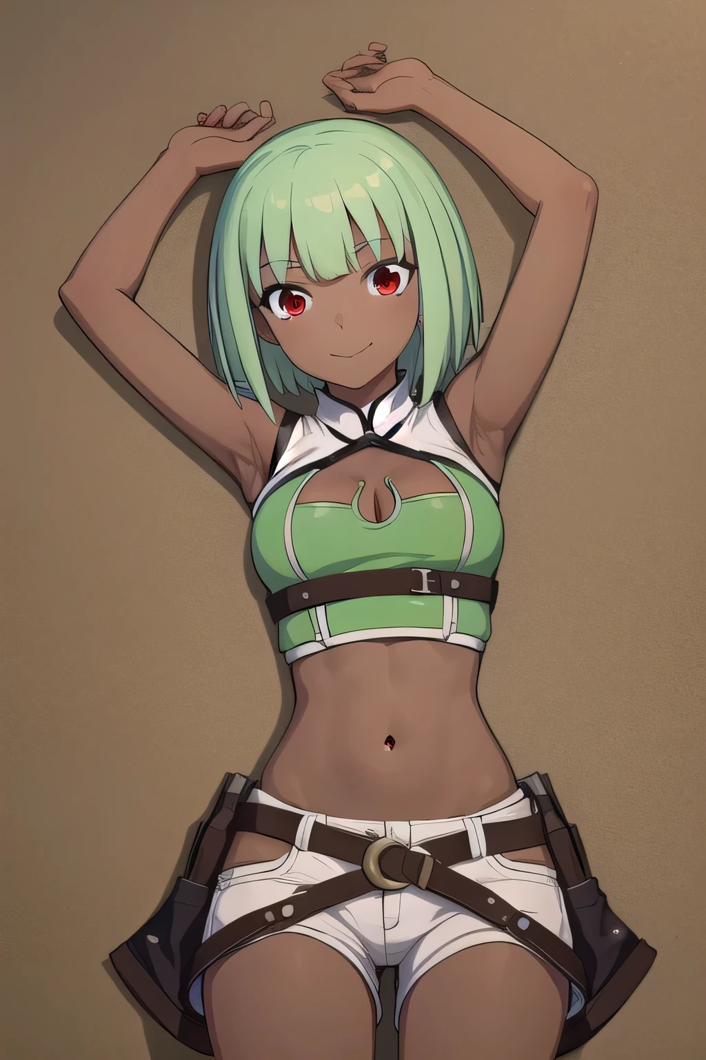 emeraldsustrai, emerald sustrai, short hair, (red eyes:1.5), green hair, dark skin, dark-skinned female,
BREAK navel, cleavage, midriff, belt, cleavage cutout, chaps,
(cowboy shot:1.5), masterpiece, lying, on back, on sand, arms up, smile, looking at viewer, smile, looking at viewer, closed mouth,