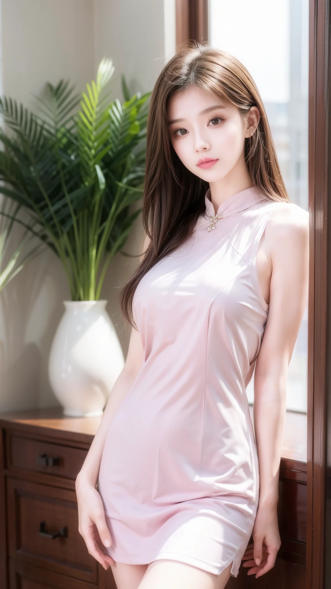 ((masterpiece、best quality))、shape、Super detailed、8k、Practical、Sharp focus、Very detailed、Professional lighting、spotlight、Colorful details、Detailed texture，A stunningly beautiful girl，Wearing a transparent cheongsam，(Best hairstyle:1.4)、(In the most helpful posture:1.3)、(Half-length photo:1.4)、Large Breasts、Perfect style、Body、18 years old、Smile，Purple Hair