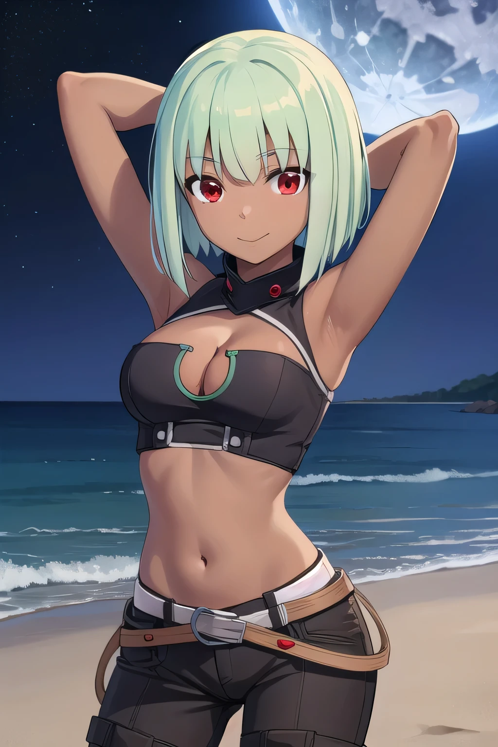 emeraldsustrai, emerald sustrai, short hair, (red eyes:1.5), green hair, dark skin, dark-skinned female,
BREAK navel, cleavage, midriff, belt, cleavage cutout, chaps,
 (cowboy shot:1.5), night sky, beach, masterpiece, arms behind head, contrapposto, spread armpits, smile, looking at viewer, closed mouth,