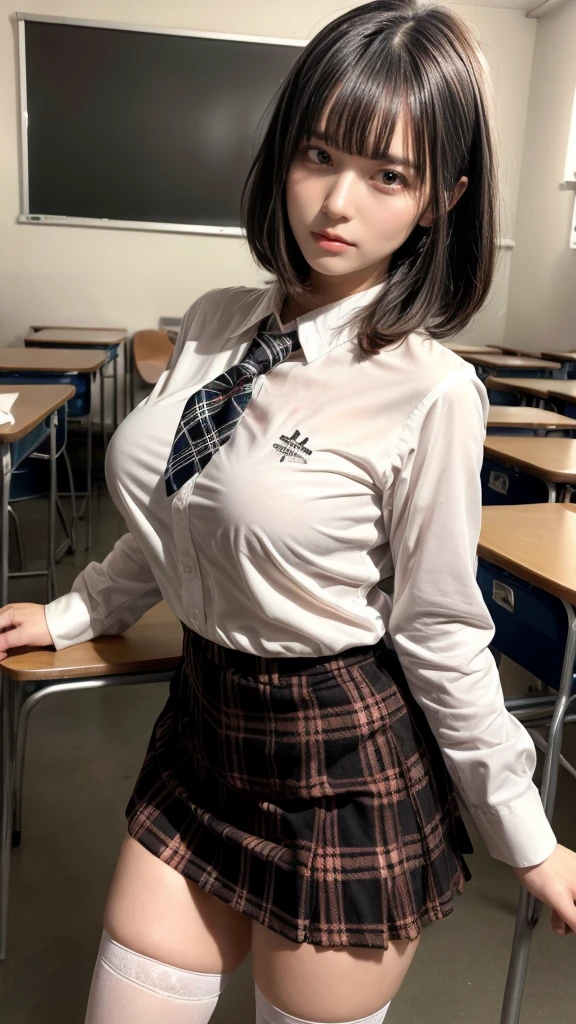 muste piece, best quality, illustration, Super detailed, fine details, High resolution, 8K,wall paper, perfect dynamic composition,(Details High quality, realistic depiction of eyes:1.3), (white school shirt :1.2), (plaid skirt :1.3), tie black, black thigh-high stockings, standing, open legs, short bob hair, in a classroom, blackboard in the background, deep on field, large breasts, black hair color, Big Natural Color Lip, (perfect body shape), crying a little、cold gaze, Harajuku style、30 year old girl、cute type、lolita、beautiful legs, Gravure Idol