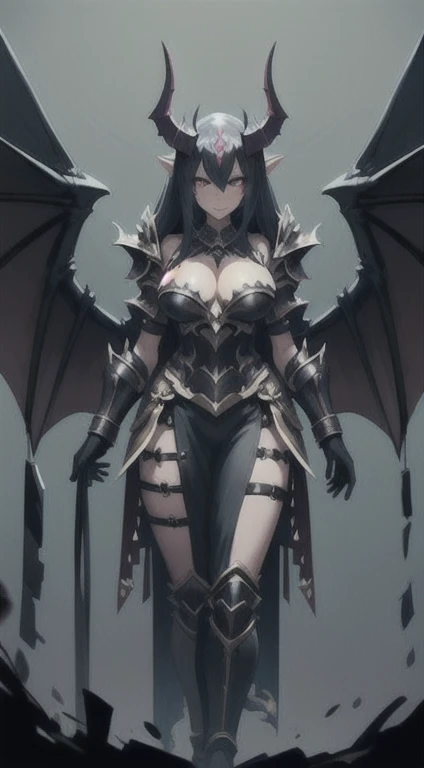 Chimaera Miravelle, obsidian horns and wings, playgame, Large display, chaos armor, dooms day, ruined world, SFW