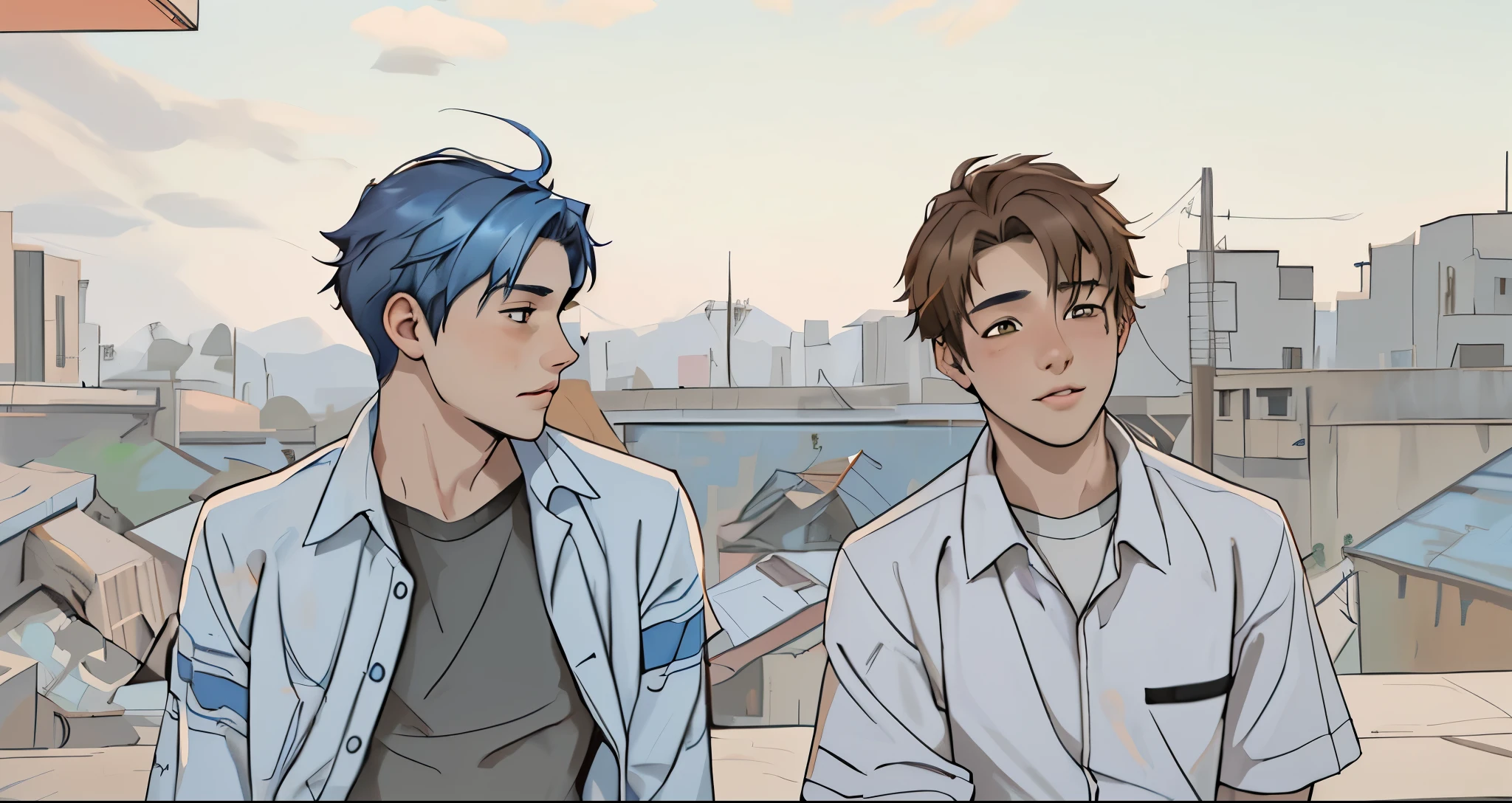 There are two 16 year old boys, one with blue hair and the other with brown hair.