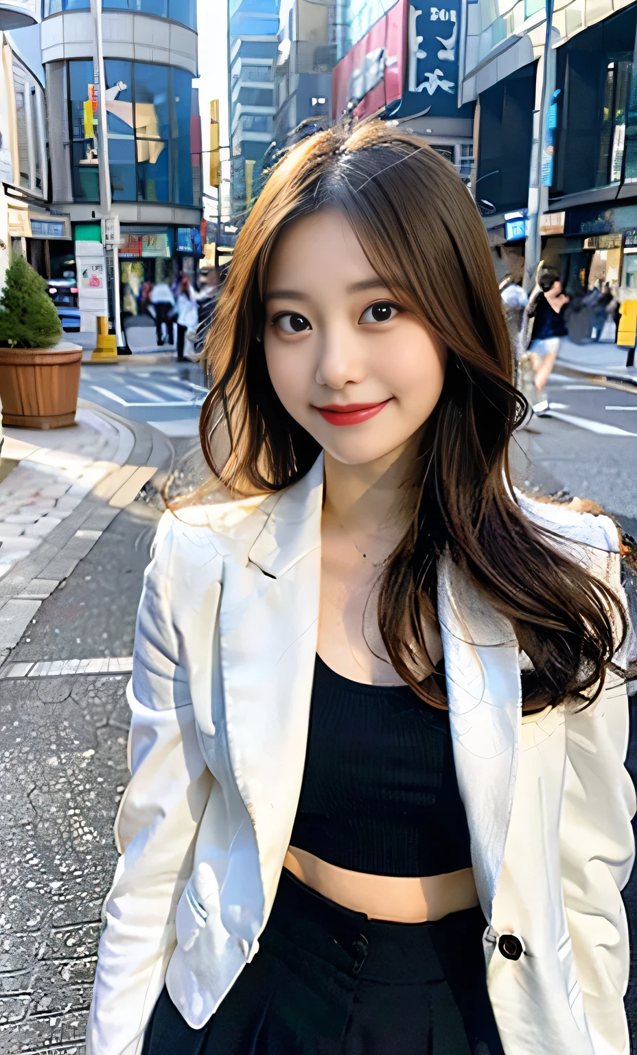 Ulzzang-6500-v1.1, (RAW Photos:1.2), (Realistic:1.4), Beautiful detailed girl, Very detailed eyes and face, Beautiful fine details, Beautiful legs、Ridiculous, Incredibly Ridiculous, Large file size, Super detailed, High resolution, Very detailed, highest quality, masterpiece, Kemomimi, ((Blazer and crop top)), Face Light, Cinema Lighting, 1 girl, (smile), (Dynamic pose))), Full length portrait of a high school girl standing in a bright city street。。She is wearing black loafers on her feet.、The shoes are clearly visible in the bright sunlight.。Behind him are tall buildings and people passing by.々You can see。Her expression is positive and confident。