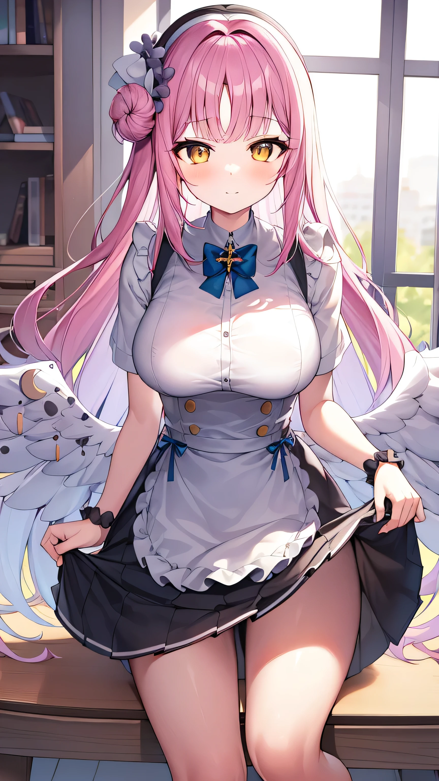 1 girl, , Solitary, lift your legs, Long hair, skirt, orange_hair, maid_have, Watch_Take a step back, Watch_Shown in_Peeping at the audience, By Bangs, Black_lift your legs, Blushed, Black_skirt, he himself, short_sleeve, clothing_lift, wrist_cuff, decorate, skirt_lift, Big deal_, lifted_Pasado_Self-expression, Translucent liquid from_Shown in the back, maid, Fluffy_short_sleeve, Side lock, Fluffy_sleeve, crops_top, blunt_By Bangs, , awago outh, Big deal腿, Black_have eyes, chair, Kneel down, Frilly_skirt, _go out, Shown in indoors, window,