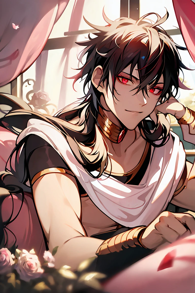 Dark Skin, No Top, Young Man, 1boy, Male, Manly, Prince of Persia, Leaky Waist, Jewelry, Brilliant, Long Curly Hair, Black Hair, Dark Skin, Emerald Eyes, Waist Chain, Armband, Thin Waist, Bare Legs, Bracelet, Ring, Dynamic Pose, Dramatic Composition, Carpet, Wounded, War Damaged, Bleeding from the Corners of the Mouth, Lying Down, Carpet, Chains, Collars, Cages, Blushing, Tears, Panting