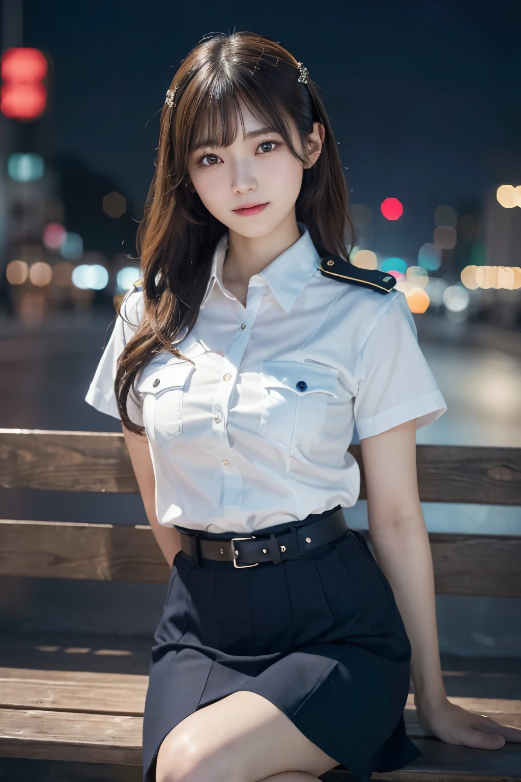 An innocent 20-year-old girl、((Japanese Police Officer, Police uniform, skirt, Cute and elegant, Dramatic Pose)),Big Breasts、smile,Night city background,shortcut、RAW Photos, (8k、highest quality、masterpiece:1.2)、(Intricate details:1.4)、(Photorealistic:1.4)、Octane Rendering、Complex 3D rendering with ultra-detail, Studio Soft Light, Rim Light, Vivid details, Super Detail, Realistic skin texture, Detailed aspect, Beautiful details in the eyes, Highly detailed CG Unity 16k wallpaper, compensate, (Detailed Background:1.2), Glowing Skin, whole body,,Sit on a bench