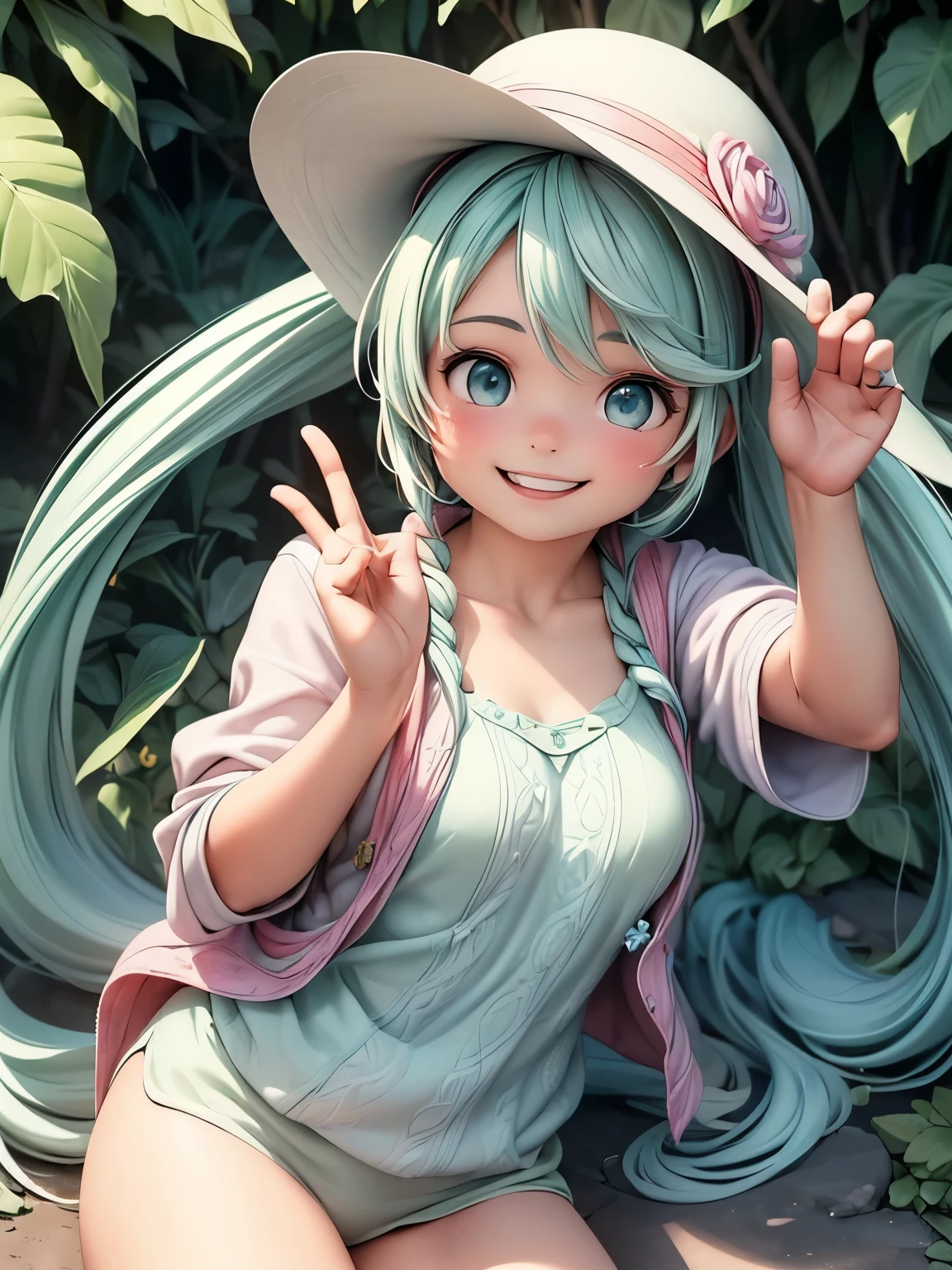 (masterpiece、highest quality、highest quality、Official Art、Beautiful and beautiful:1.2)、(One girl:1.3)Hatsune Miku、Twin tails,Big Breasts,Full Shot, whole body: 1.4, Unreal Engine: 1.4, Ultra-realistic, Photorealistic CG K: 1.4, Skin Texture: 1.4, masterpiece: 1.4, ((Beautiful woman in a hippie hat, Hippie clothing, Happy, Beautiful smile and perfect, subtle, Make a funny gesture: 1.5)), Bohemian Hippie Truck: 1.7, Long Hair, Hippie clothing of various colors, 32k.