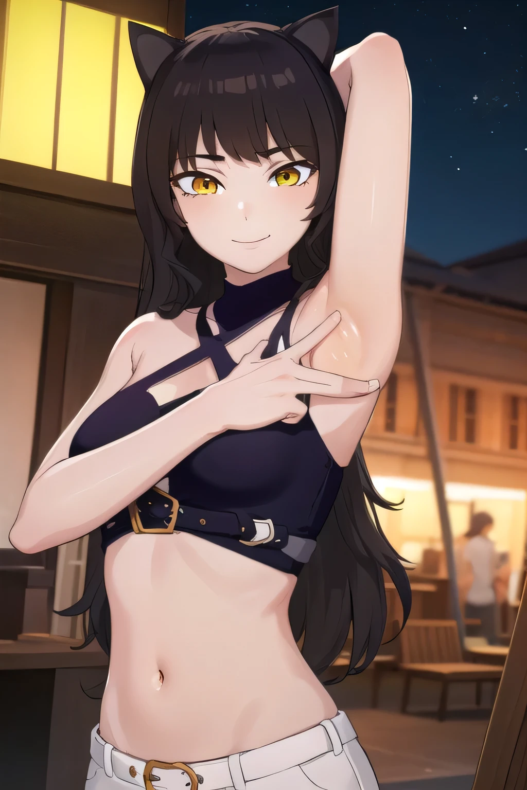 blake, blake, blake belladonna, long hair, black hair, (yellow eyes:1.5), long hair, bangs, animal ears, cat ears,
BREAK navel, midriff, belt, halterneck, criss-cross halter, bare shoulders, bare arms, pants, black pants,
bikini, upper body, night sky, beach, masterpiece, arms behind head, contrapposto, shy smile, spread armpits, shy smile, looking at viewer,
BREAK (masterpiece:1.2), best quality, high resolution, unity 8k wallpaper, (illustration:0.8), (beautiful detailed eyes:1.6), extremely detailed face, perfect lighting, extremely detailed CG, (perfect hands, perfect anatomy),