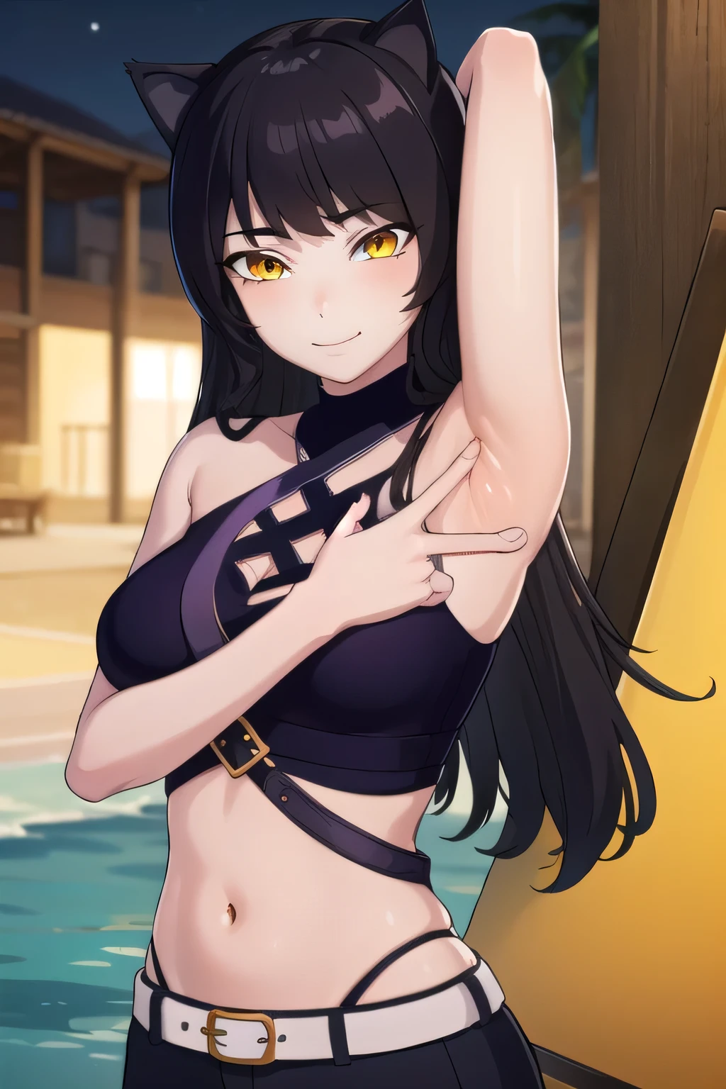 blake, blake, blake belladonna, long hair, black hair, (yellow eyes:1.5), long hair, bangs, animal ears, cat ears,
BREAK navel, midriff, belt, halterneck, criss-cross halter, bare shoulders, bare arms, pants, black pants,
bikini, upper body, night sky, beach, masterpiece, arms behind head, contrapposto, shy smile, spread armpits, shy smile, looking at viewer,
BREAK (masterpiece:1.2), best quality, high resolution, unity 8k wallpaper, (illustration:0.8), (beautiful detailed eyes:1.6), extremely detailed face, perfect lighting, extremely detailed CG, (perfect hands, perfect anatomy),