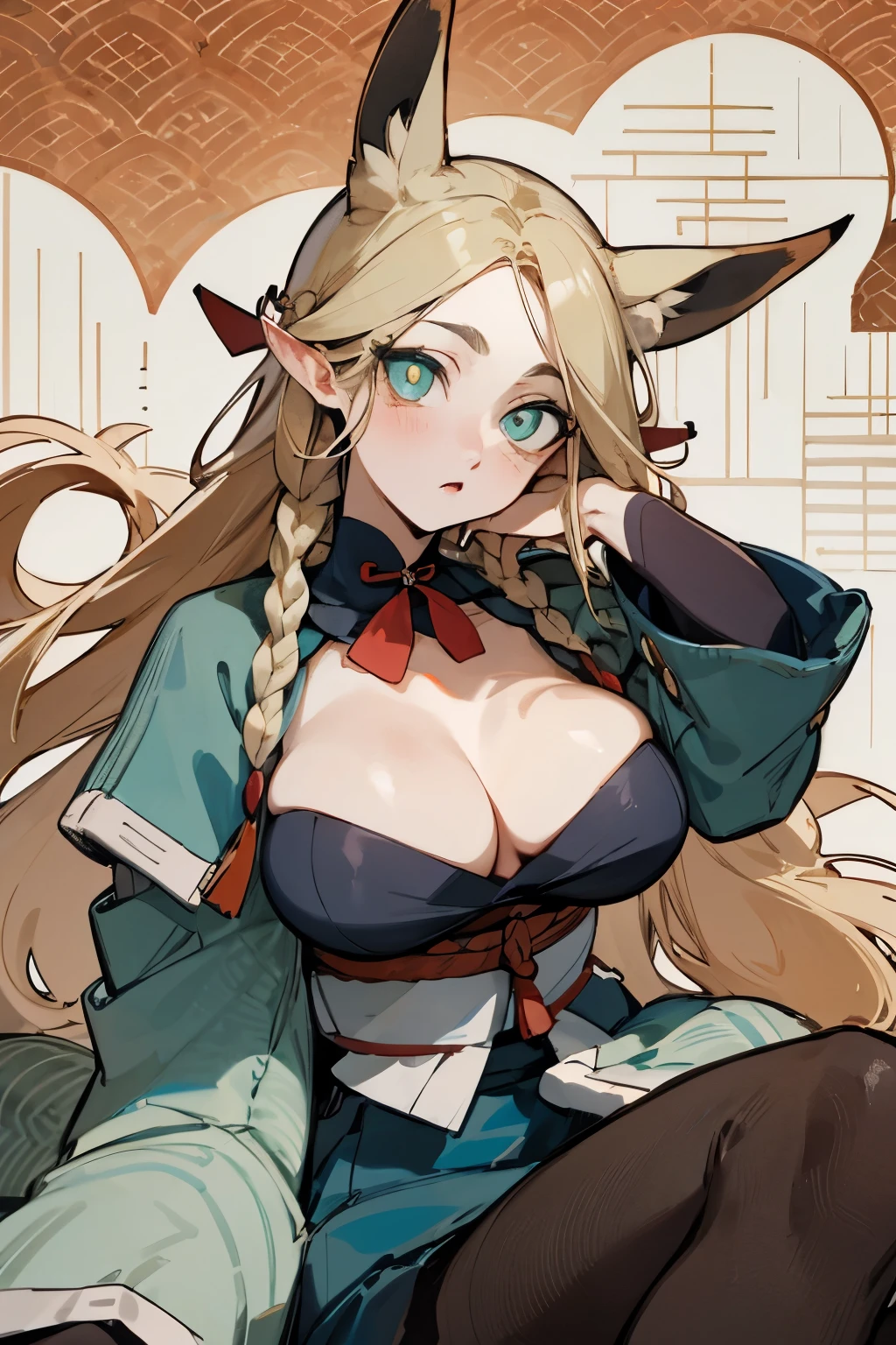 (Fox ears), Exquisite eyes, blond,Facial details, Red Eyeshadow, Ukiyo-e, masterpiece, high quality, at the lowest limit, Large Breasts,Black pantyhose,solo