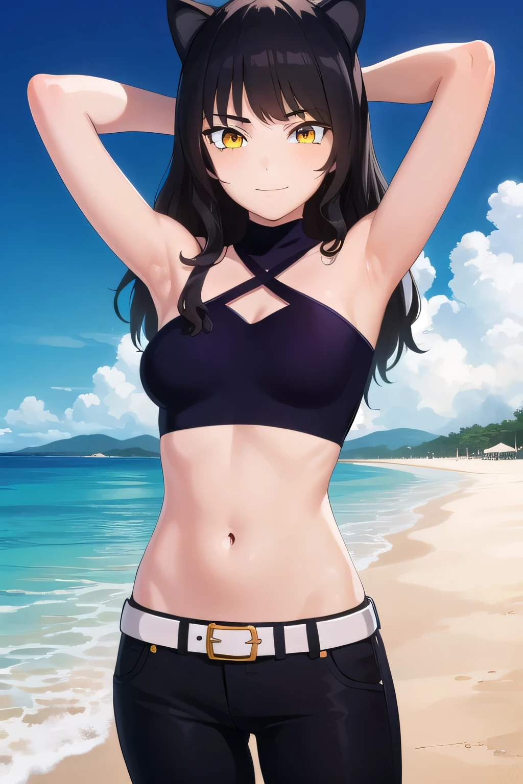 blake, blake, blake belladonna, long hair, black hair, (yellow eyes:1.5), long hair, bangs, animal ears, cat ears,
BREAK navel, midriff, belt, halterneck, criss-cross halter, bare shoulders, bare arms, pants, black pants,
bikini, (cowboy shot:1.5), night sky, beach, masterpiece, arms behind head, contrapposto, shy smile, spread armpits, shy smile, looking at viewer,
BREAK (masterpiece:1.2), best quality, high resolution, unity 8k wallpaper, (illustration:0.8), (beautiful detailed eyes:1.6), extremely detailed face, perfect lighting, extremely detailed CG, (perfect hands, perfect anatomy),