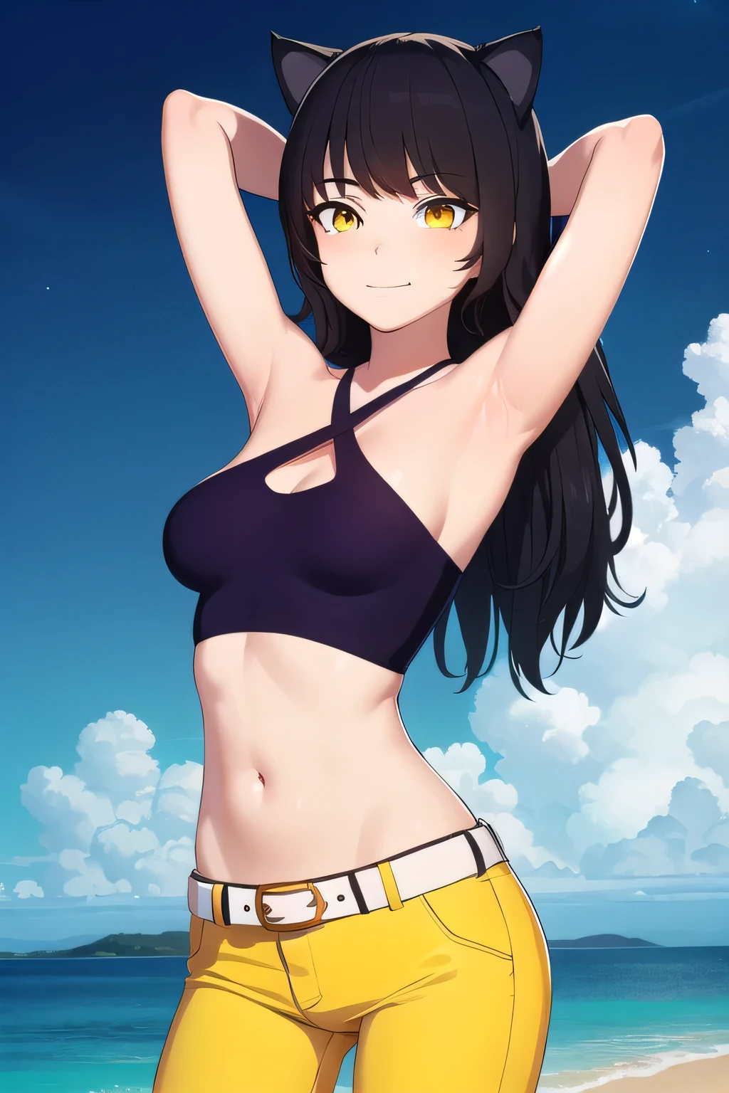 blake, blake, blake belladonna, long hair, black hair, (yellow eyes:1.5), long hair, bangs, animal ears, cat ears,
BREAK navel, midriff, belt, halterneck, criss-cross halter, bare shoulders, bare arms, pants, black pants,
bikini, (cowboy shot:1.5), night sky, beach, masterpiece, arms behind head, contrapposto, shy smile, spread armpits, shy smile, looking at viewer,
BREAK (masterpiece:1.2), best quality, high resolution, unity 8k wallpaper, (illustration:0.8), (beautiful detailed eyes:1.6), extremely detailed face, perfect lighting, extremely detailed CG, (perfect hands, perfect anatomy),