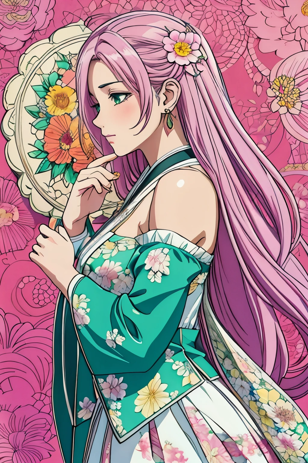 (masterpiece, top-quality, top-quality, Official art, Beautifully Aesthetic:1.2), green eyes, (highest quality, masterpiece painting:1.3), immature woman, , (half body shot), masterpiece, ultra high resolution, (((Flower frame, A lot of flowers in the frame))), Decorative panel, abstract art, (shot from a side angle), (Photoreal:1.0), ((light pink hair)),straight hair, beautiful shining hair, white and shining skin, Painterly, sketch, Texture, 超A high resolution, solo, Beautuful Women, A highly detailed, (Fractal Art:1.1), (colourfull:1.1), (florals:1.6), The most detailed, (Zentangle:1.2), (Dynamic Poses), (Abstract background:1.3), (shinny skin), (Many colors:0.8), (earrings:1.4), (pluma:0.9), Taisho romance