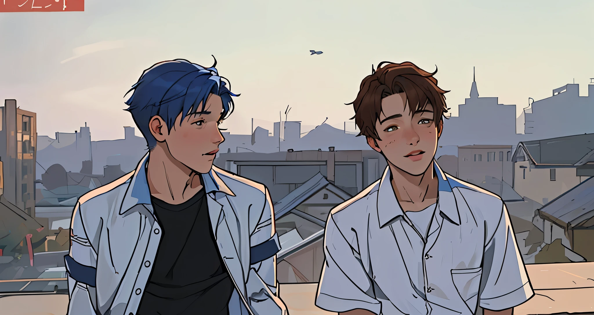 There are two 16 year old boys, one with blue hair and the other with brown hair.