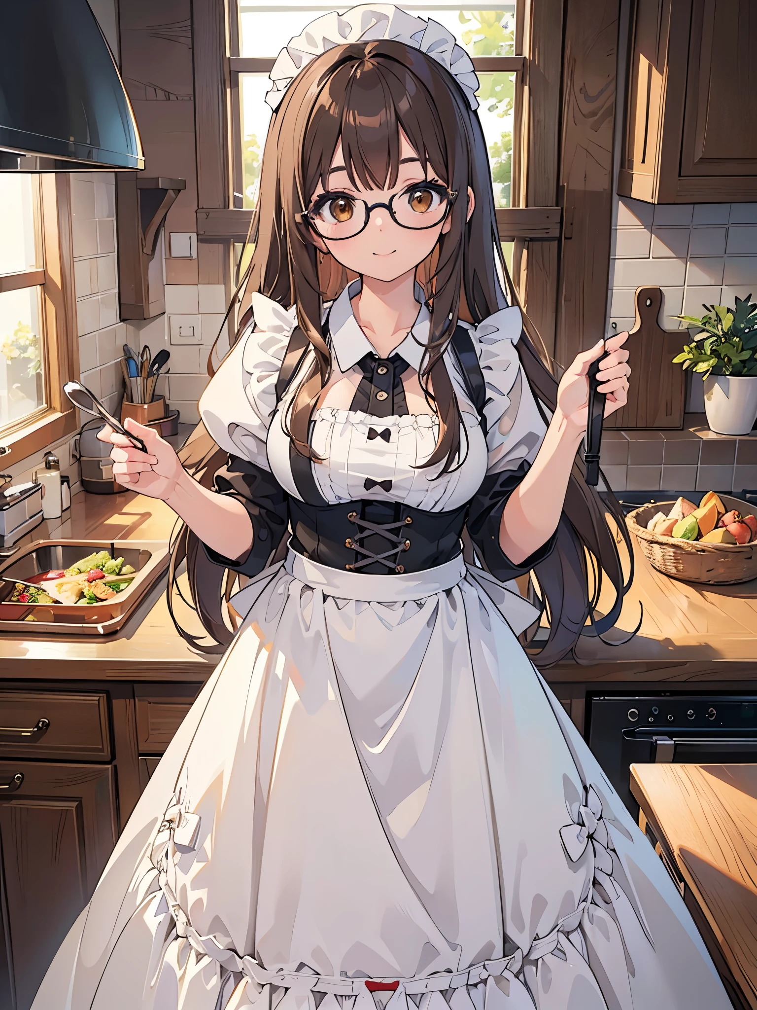 1 Female、Brown hair、Brown Eyes、Best Quality、Super detailed、8 Resolution、Raw photo、Mastepiece、Perfect Body、high resolution、highest quality、Detailed drawing、Vibrant colors、lure、smile、Long Hair、Black-rimmed glasses、Captivating breasts、kitchen、apron、sexy