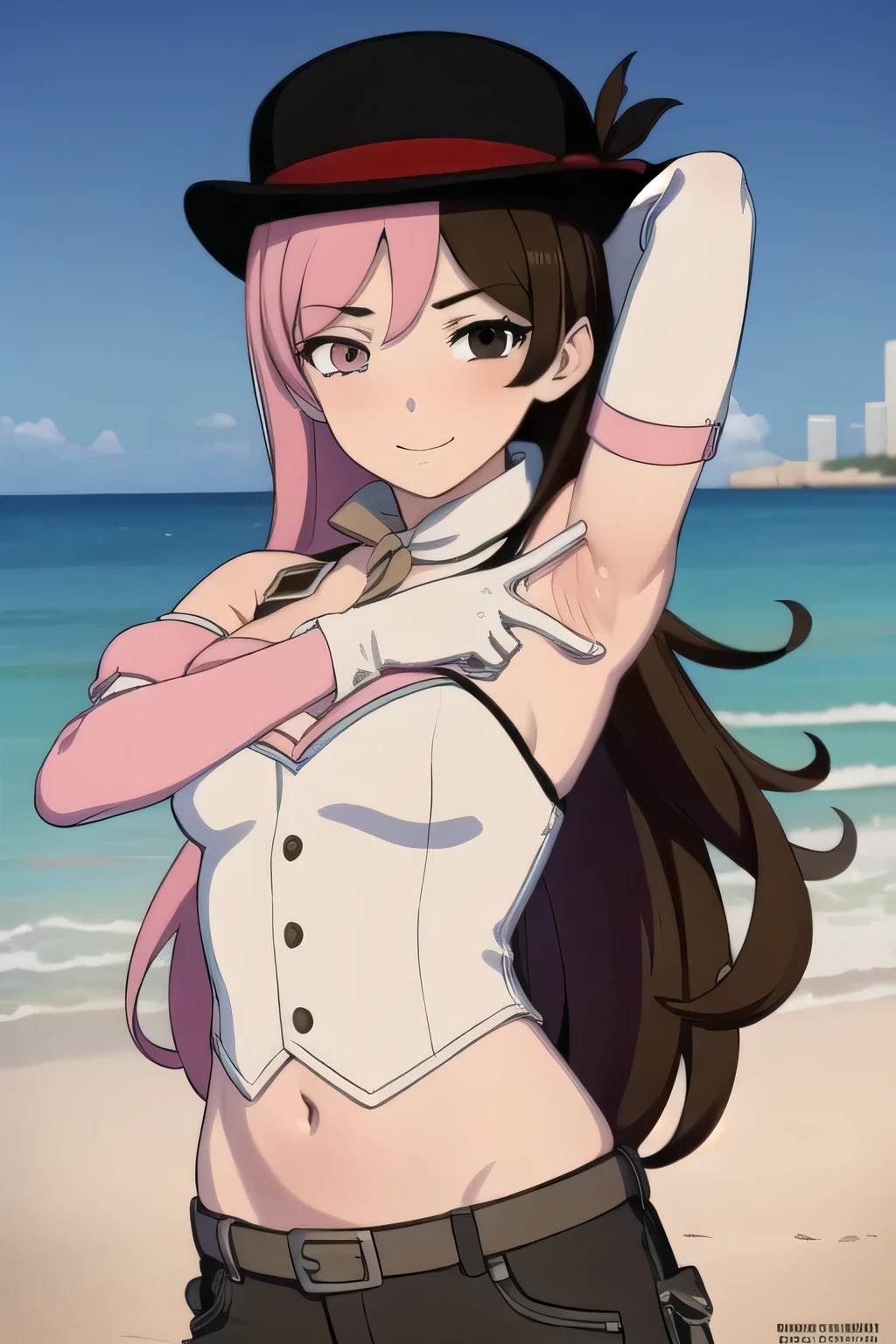  neopolitan, long hair, brown hair, (brown eyes:1.3), pink hair, multicolored hair, pink eyes, two-tone hair, (heterochromia:1.2), split-color hair,
BREAK gloves, hat, navel, brown eyes, detached sleeves, belt, pants, white gloves, black headwear, bowler hat,
pink bikini, upper body, night sky, beach, masterpiece, arms behind head, contrapposto, spread armpits,  smile, looking at viewer, closed mouth,
BREAK (masterpiece:1.2), best quality, high resolution, unity 8k wallpaper, (illustration:0.8), (beautiful detailed eyes:1.6), extremely detailed face, perfect lighting, extremely detailed CG, (perfect hands, perfect anatomy),