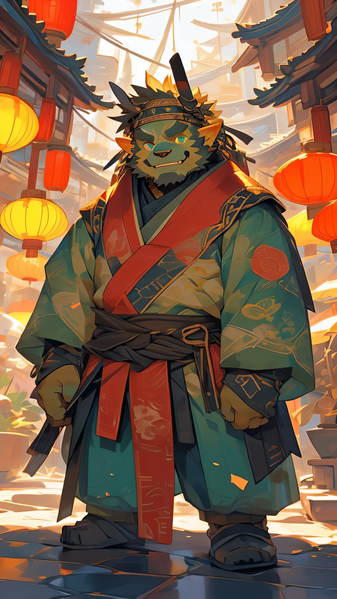 Fu Rui，Dog Orc，Close-up of the face，Squat position，Warm color scheme，Oil painting style，Head to Body Ratio1:7，Chinese Architecture Background，Background of the Tang Dynasty City That Never Sleeps，Single protagonist，Fu Rui，furry，One hand on the ground，Blue-green eyes，Front view，Hanfu Improves Cyberpunk Design Clothing，Grand scene，best quality，Shota Kinke Fu Rui，Zhengtai body type，Golden fur，Lively personality，Cheerful smile，Little boy body type，Golden Figure