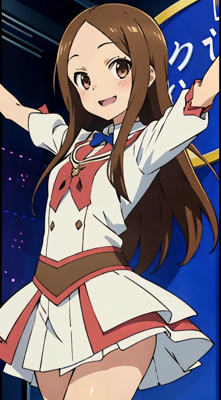 (Realistic),(Realistic),Takagi_Mr. Miss., Height 155 cm，One Girl, 15 years old，Long Hair,Brown Hair, Parted bangs, Brown eyes,Idol，Idol衣装，costume with frills，,(Provocative smile), whole body, (((dance)))，Extremely exciting，highest quality, (colorful), Ray Tracing,Highly detailed CG Unity，8k wallpaper,((The background is the live stage，たくMr. Miss.のステージ照明, fantastic))．