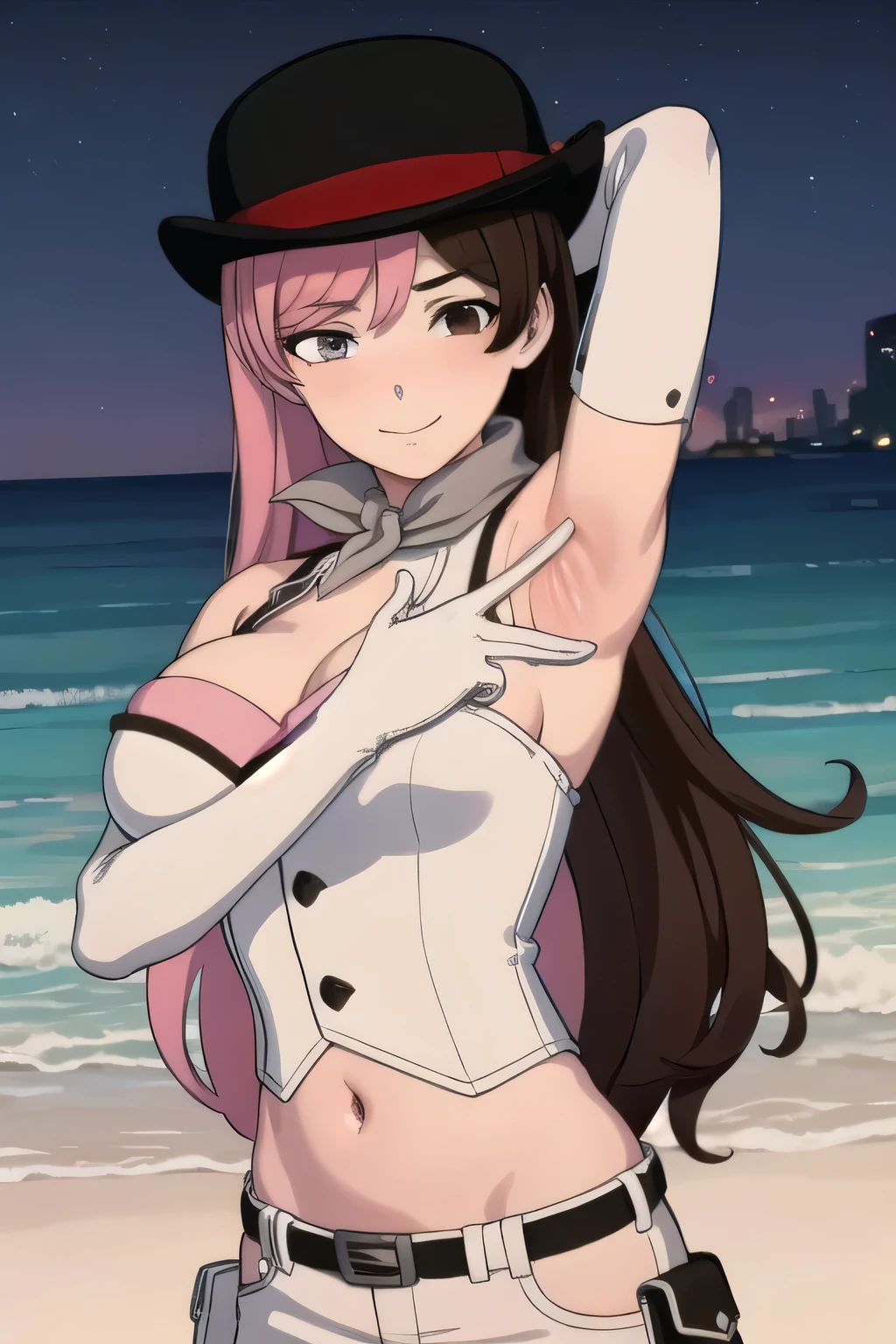 neopolitan, long hair, brown hair, (brown eyes:1.3), pink hair, multicolored hair, pink eyes, two-tone hair, (heterochromia:1.2), split-color hair,
BREAK gloves, hat, navel, brown eyes, detached sleeves, belt, pants, white gloves, black headwear, bowler hat,
pink bikini, upper body, night sky, beach, masterpiece, arms behind head, contrapposto, spread armpits, smile, looking at viewer, closed mouth,
BREAK (masterpiece:1.2), best quality, high resolution, unity 8k wallpaper, (illustration:0.8), (beautiful detailed eyes:1.6), extremely detailed face, perfect lighting, extremely detailed CG, (perfect hands, perfect anatomy),