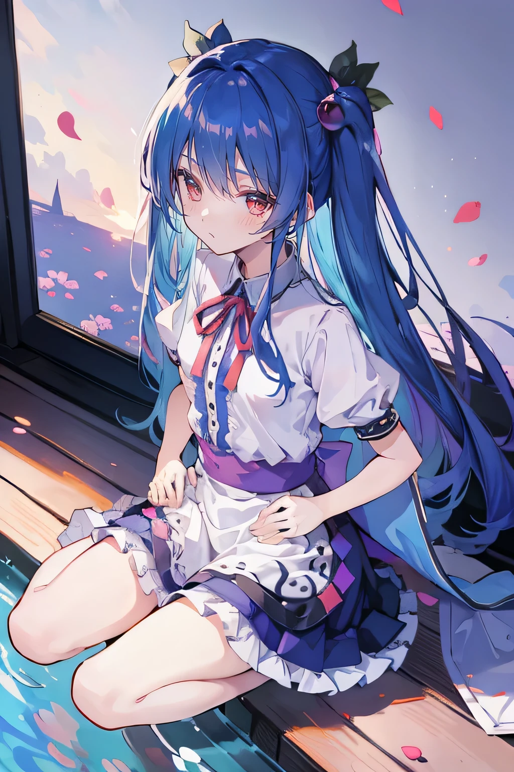 (best quality, masterpiece:1.2), expressive eyes, perfect face, 1 girl, hands on waist, beautiful, gorgeous, Japanese animation, Lola, Hinamori Angel, blue hair, floating clothes, waist grab, waist grab, hands on hips, sitting, sitting on the ground, legs on the ground, flat-chested, falling petals, sitting in a pavilion, pavilion,sunrise,Petals fall,