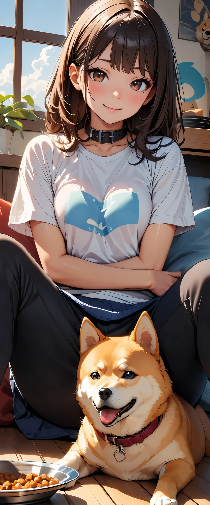 (highest quality:1.2, Very detailed, Latest, Vibrant, Ultra-high resolution, High Contrast, masterpiece:1.2, highest quality, Best aesthetics), ((Shiba Inu:1.4)), Sitting、waiting、Obedience、高品質のShiba Inuの描写、In front of a plate of dog food、Detailed fur、Round eyes、Fluffy tail、Indoor Settings、Wooden floor、Bright room、Realistic、professional、 Depicting the details、Vivid colors that bring out cuteness、Hungry expression、Expected meals、A faint drool、Glossy ceramic plate、Stainless Steel Bowl、Brand name on package、Clear texture of each part、interior、Comfortable dog bed、Leads and collars near me、Affectionate owner in frame、Fun atmosphere、A dog bowl with clean water、 Calm and peaceful atmosphere、The loving bond between humans and dogs、Adorable、Faithful companionship、Little legs crossed、Delicious meals。