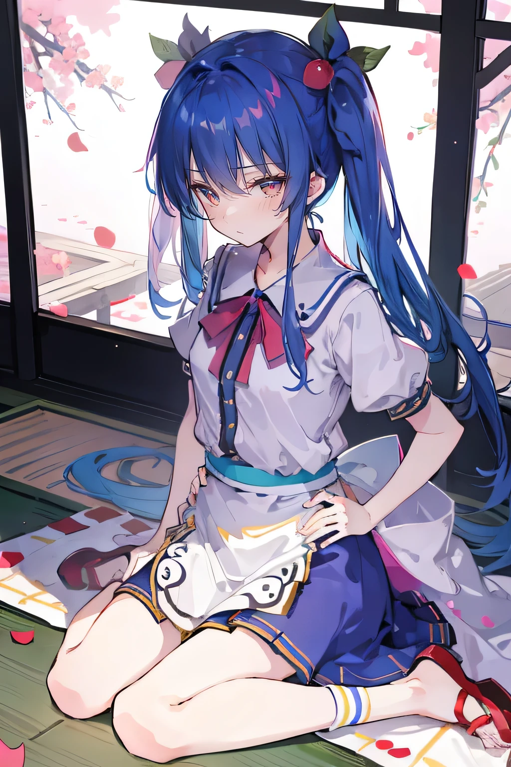 (best quality, masterpiece:1.2), expressive eyes, perfect face, 1 girl, hands on waist, beautiful, gorgeous, Japanese animation, Lola, Hinamori Angel, blue hair, floating clothes, waist grab, waist grab, hands on hips, sitting, sitting on the ground, legs on the ground, flat-chested, falling petals, sitting in a pavilion, pavilion,sunrise,Petals fall,