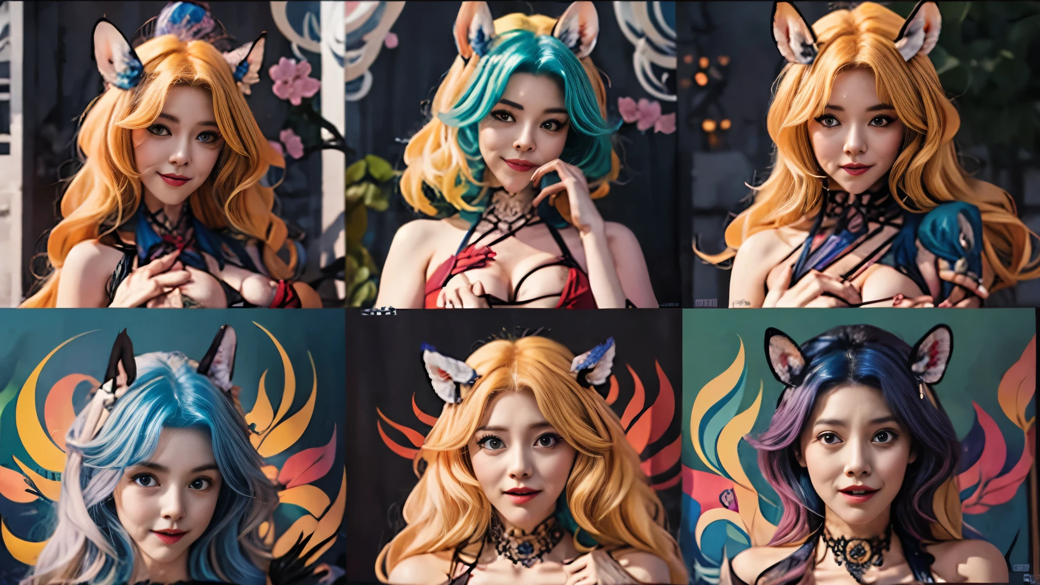 In the beautiful illustration of this super-grand scene,The ultra-distant lens shows us(More than eight distinctive characters:9.9),They have distinct personalities and are lively and interesting。from(A radiant angelic character from heaven:6.6),arrive(A nightmare character surrounded by flames:6.6)、再arrive(A wind fairy character dancing in the air:6.6)、再arrive有(A one-man character surrounded by lightning:6.6),arrive(A mechanical character with a metallic luster:6.6)、再arrive(A powerful character with colorful dragon scale leather:6.6)、再arrive(A slender character with elegance and agility:6.6)Gracefully wears a flower crown、arrive(A seductive and charming tiefling character:6.6)、再arrive(A succubus character with an indescribable sexiness:6.6)。Each character fully demonstrates his or her unique style。The illustration uses advanced artistic techniques and tools,(Use nesting、Weaving、Splicing、perspective、arrangement、grouping、Storyboards and other methods,通过几何arrangement将场景分为不同部分:9.9),Each part corresponds to a role,from而更有效地利用了空间。Through Midjourney's advanced brush tools、Color palette、Material packs和模型包、Texture tools,Exquisite props are designed for each character to increase racial characteristics、Clothing and physical features,(Enhances the character's personality and visual appeal:2.5),The scenery in the illustrations is stunning,There are changing skies、rainbow、aurora、Stars and Moon。Incorporating iconic landmarks such as Mount Everest,and fireworks、Tranquil Lake、Natural and urban elements of waves and neon lights,Creates a magical atmosphere,Characters showcase their unique abilities and equipment in a variety of environments,This is true even in extreme alien landscapes。(Use Midjourney's tools、Material packs、Texture tools、The color palette makes depicting details vivid and realistic:9.9),from复杂的发型和以及不同的种族特质、Body、Appearance features、服装arrive真实的纹理,This greatly enhances the realism of the characters and surroundings,The fusion of multiple art styles adds dynamism to the character's movement at all angles,The overall visual experience is further enriched。The final illustration was described as a "masterpiece",It has the characteristics of "best quality" and "realistic",The details put into the creative process are shown、Level of creativity and craftsmanship。 hdr,(Reality,Masterpiece quality,Best quality)