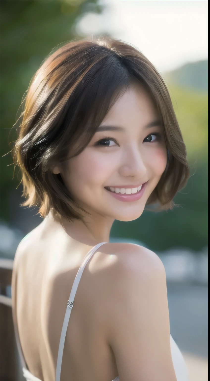 Short Hair Outdoor Fair Skin Disheveled Hair smiling Japan Woman, Super Cute, Soft and Face, Brown Hair, 8K Resolution, Ultra Realistic, Super Definition, Soft Body Toned Ass Night, A Cup Small ((Highest Definition, 8k, Masterpiece: 1.3)), Super Definition Face, Super Definition Lips, Fine Eyes, Double Eyelids