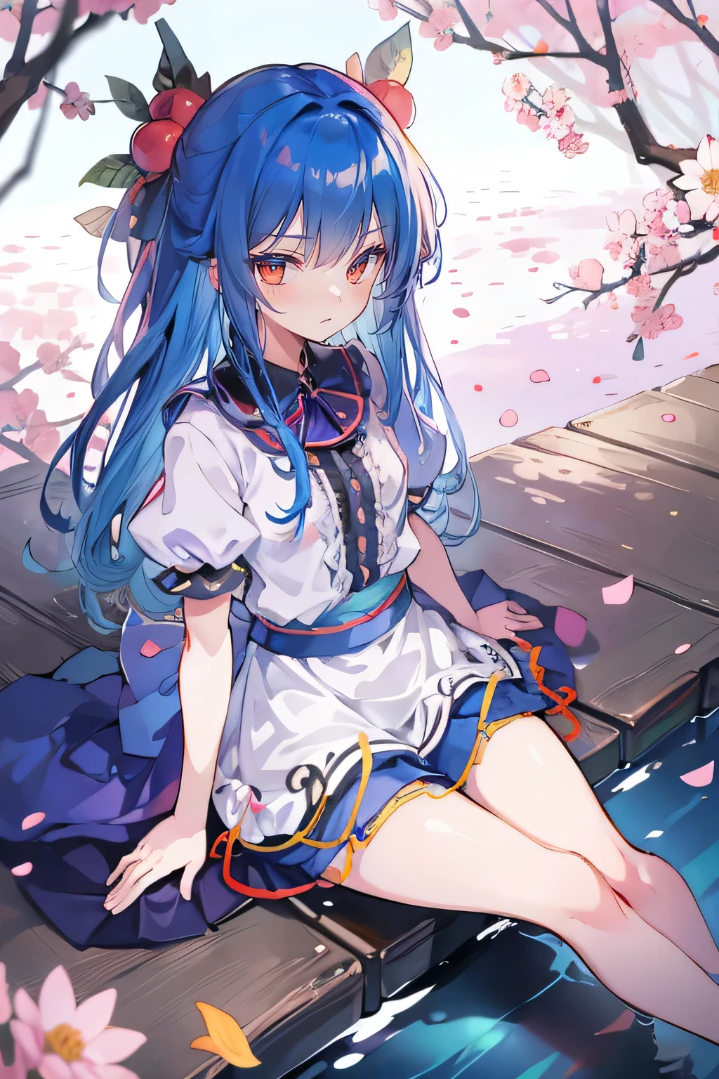 (best quality, masterpiece:1.2), expressive eyes, perfect face, 1 girl, hands on waist, beautiful, gorgeous, Japanese animation, Lola, Hinamori Angel, blue hair, floating clothes, waist grab, waist grab, hands on hips, sitting, sitting on the ground, legs on the ground, flat-chested, falling petals, sitting in a pavilion, pavilion,sunrise,Petals fall,
