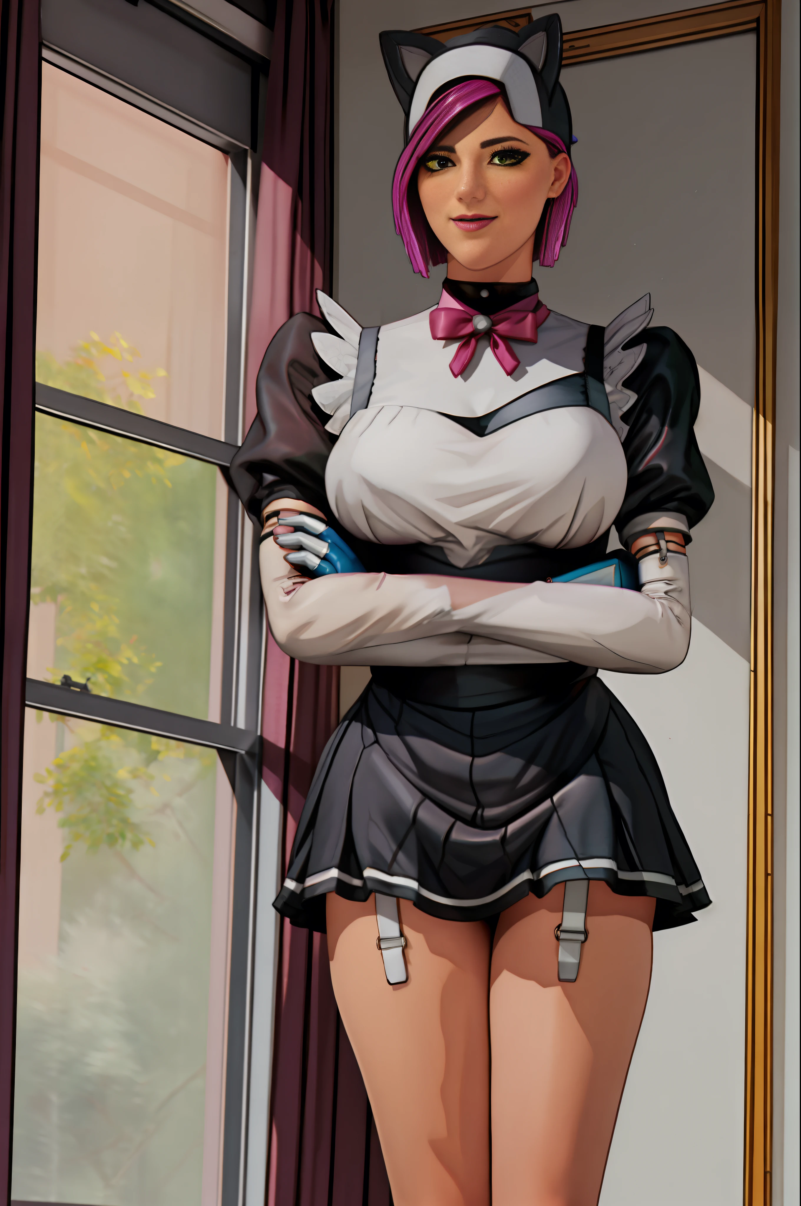 1girl, solo, standing, (legs apart:1.1), (crossed arms:1.1), cowboy shot,
looking at viewer, smile, blush,
Pink hair, short hair, beautiful green eyes, earrings, jewelry,
maid, maid headdress, bowtie, maid apron, black shirt, puffy short sleeves, elbow gloves, fingerless gloves, miniskirt, white thighhighs, garter straps,
(curvy:1.1), large breasts,
indoors, luxury room, window, mansion,