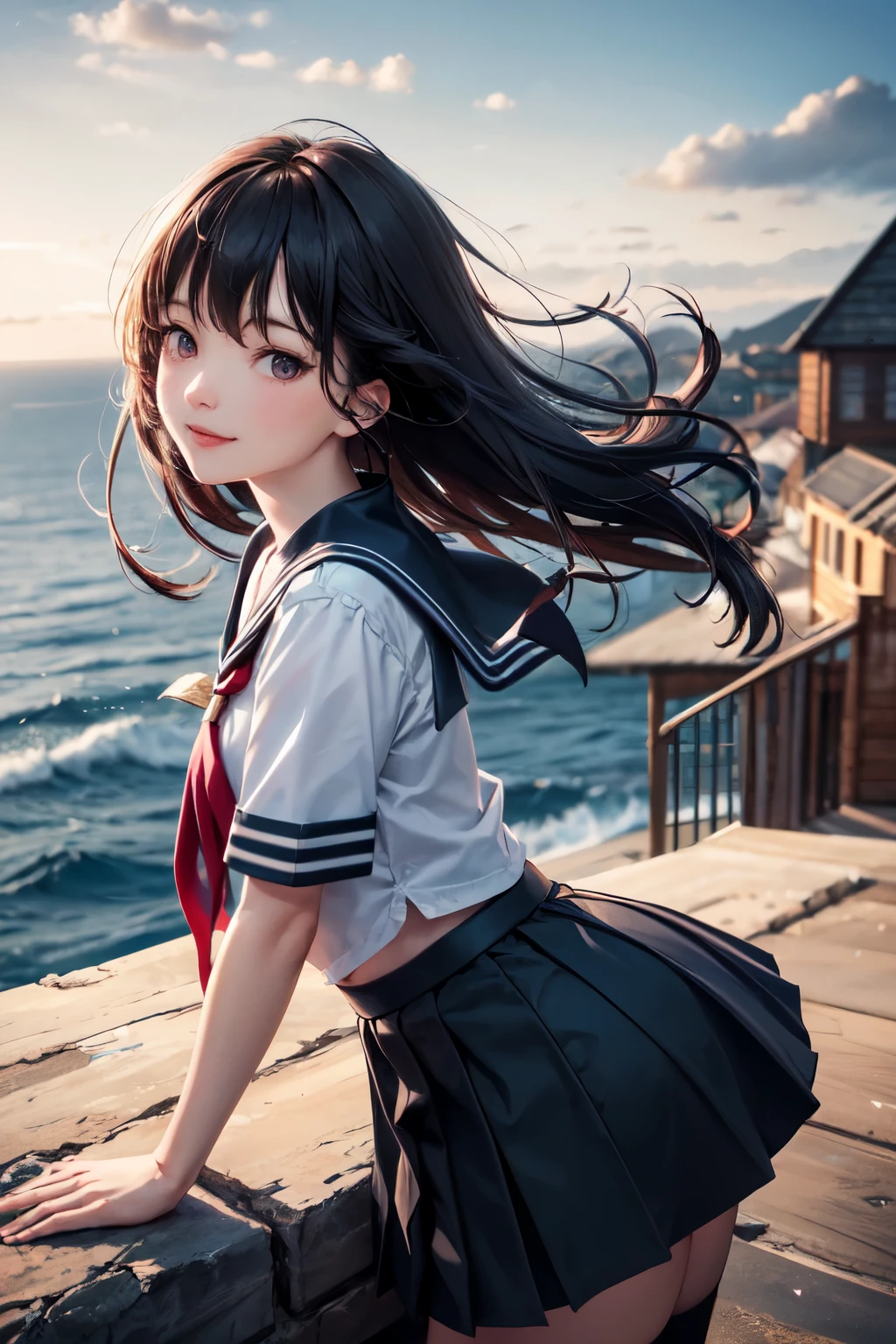 very cute and beautiful school girl viewing sea on hilltop,(highly detailed beautiful face),
(smile),cowboy shot,(sailor ,pleated navy blue mini skirt),black hair,zettai ryouiki,
(looking at sea,from top of hill),many houses with red roof,detailed landscape,
(best quality,masterpiece:1.0),absurdres,highres,ultra-detailed,extremely detailed,32k,8k resolution,
intricate details,cinematic scene,detailed background,solo,dynamic angle,
natural lighting,hair fluttering in the wind,beautiful detailed sky,