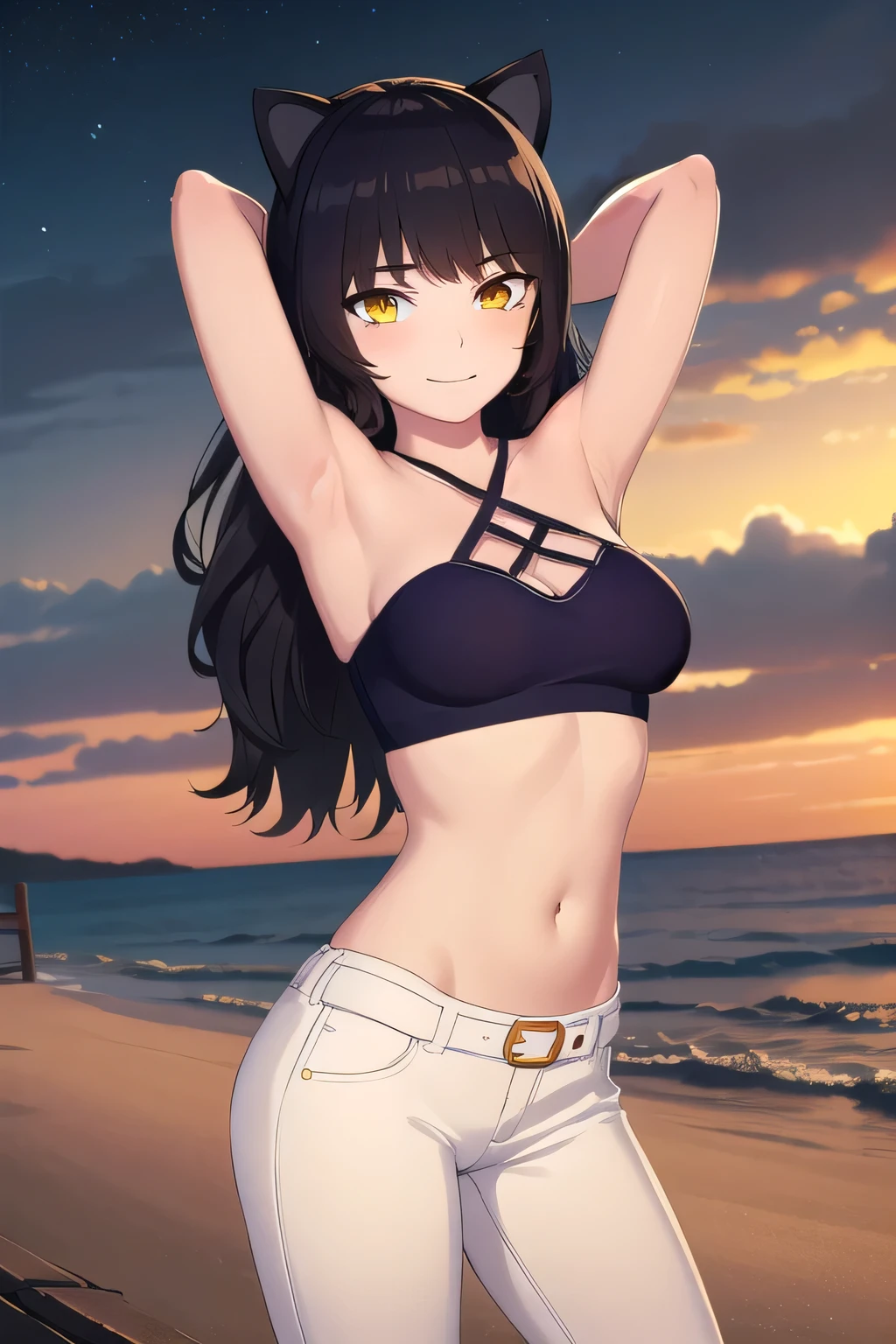 blake, blake, blake belladonna, long hair, black hair, (yellow eyes:1.5), long hair, bangs, animal ears, cat ears,
BREAK navel, midriff, belt, halterneck, criss-cross halter, bare shoulders, bare arms, pants, black pants,
bikini, (cowboy shot:1.5), night sky, beach, masterpiece, arms behind head, contrapposto, shy smile, spread armpits, shy smile, looking at viewer,
BREAK (masterpiece:1.2), best quality, high resolution, unity 8k wallpaper, (illustration:0.8), (beautiful detailed eyes:1.6), extremely detailed face, perfect lighting, extremely detailed CG, (perfect hands, perfect anatomy),