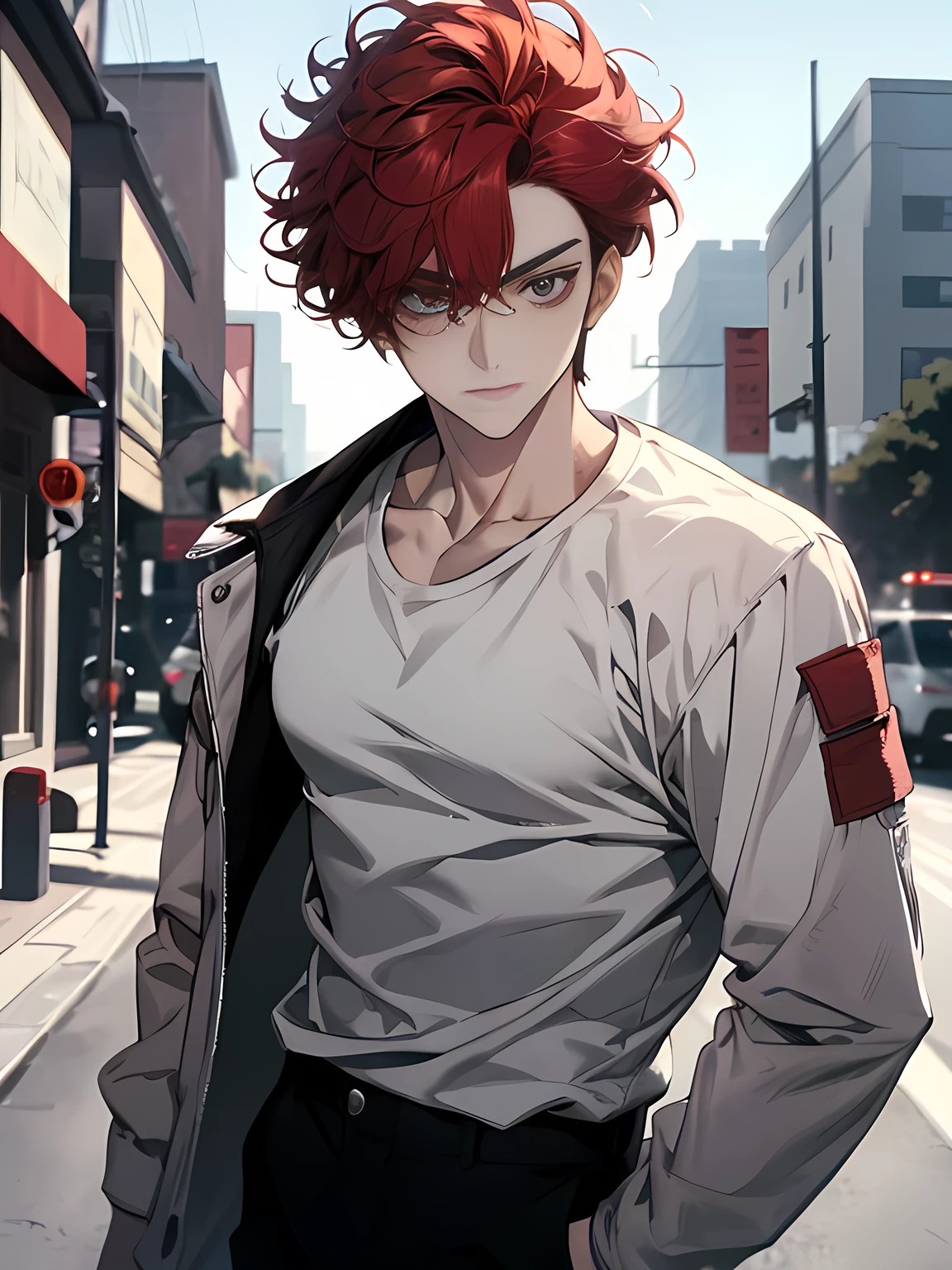 1boy, face focus, accurate beautiful black eyes, curly two sided haircut, body is well proportioned, wearing white jacket, white t-shirt, cargo pants, his in the neighborhood, looking at viewer, high resolution, ultrasharp, 8k, masterpiece, half-body:0.6, detailed eyes, eyes extremely detailed, red hair