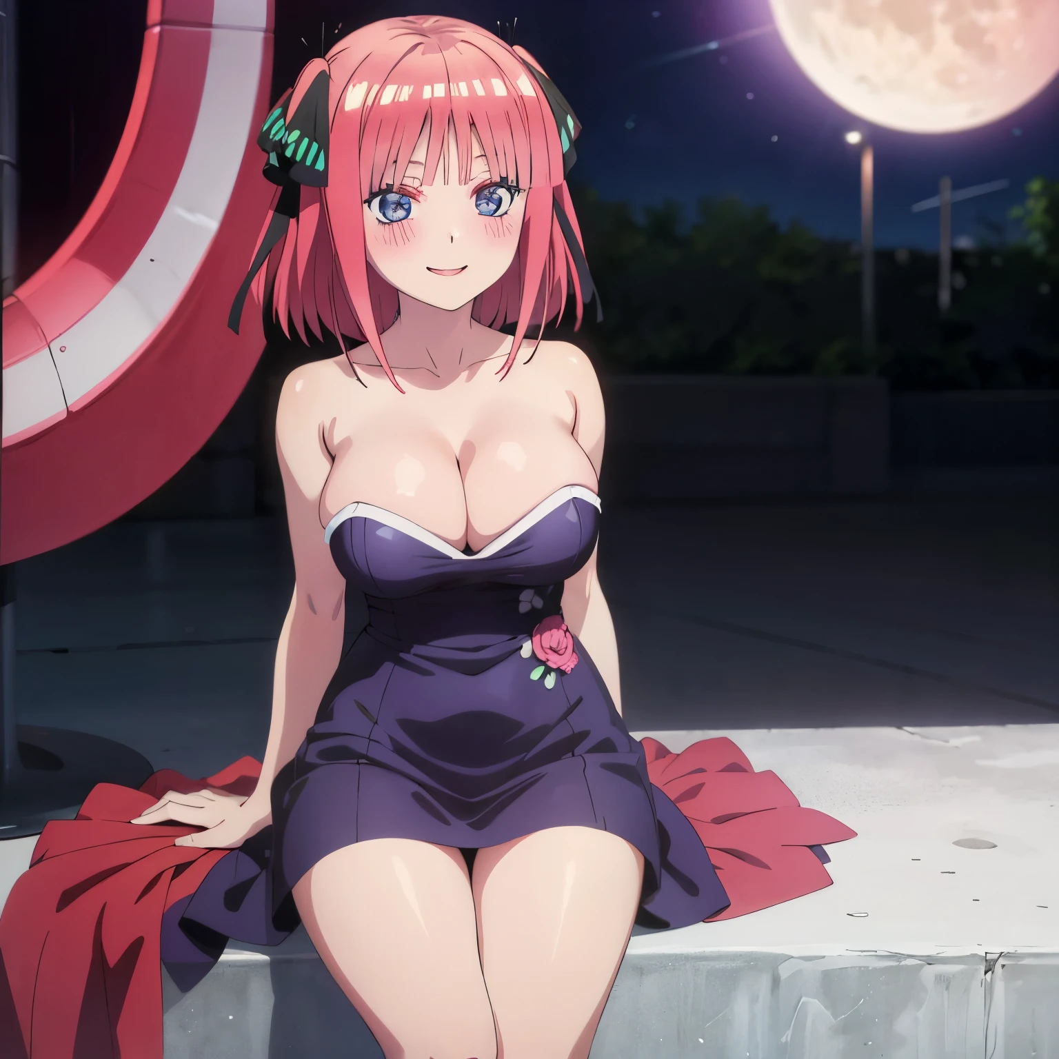 best quality, ultra-detailed masterpiece, anime art style, cute characters, nino nakano, large breasts, blush, smile, leg focus