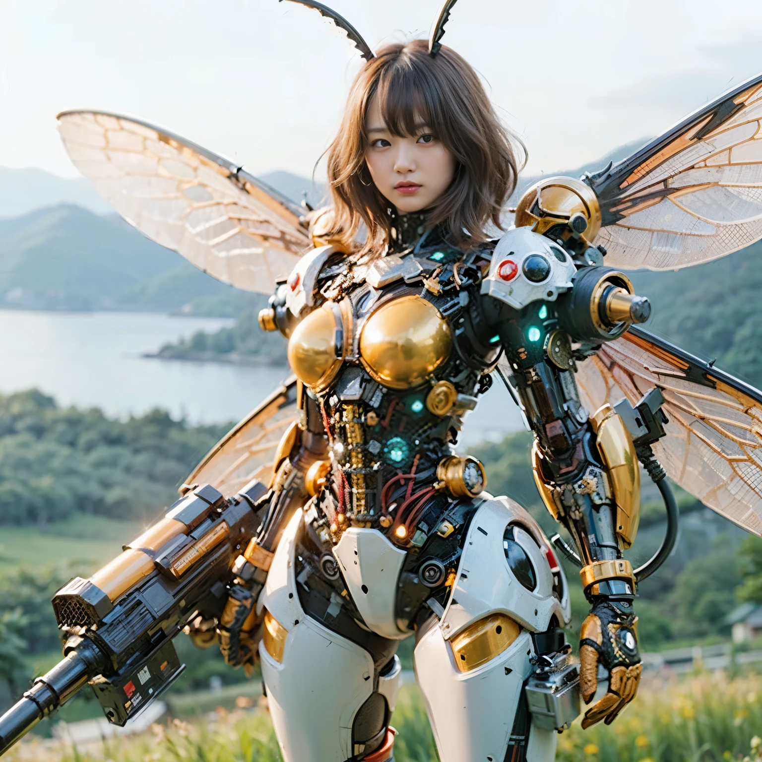(masterpiece, best quality:1.2), (8k uhd, 16k, 32k, ultra high res), (photorealistic:1.37), (RAW photo), ultimate-realistic, ultimate-realistic details, ultimate-realistic texture, ultimate-intricate details, ultimate-realistic lighting, ultimate-realistic shadow, japanese girl, ultimate-cute face, ultimate-RAW skin, ultimate-realistic eyes, Japanese woman in insect powered suit, cannon mounted on shoulder, very cute face, mechanical, extremely intricate details, full body shot, ultimate photorealistic, big city locked down