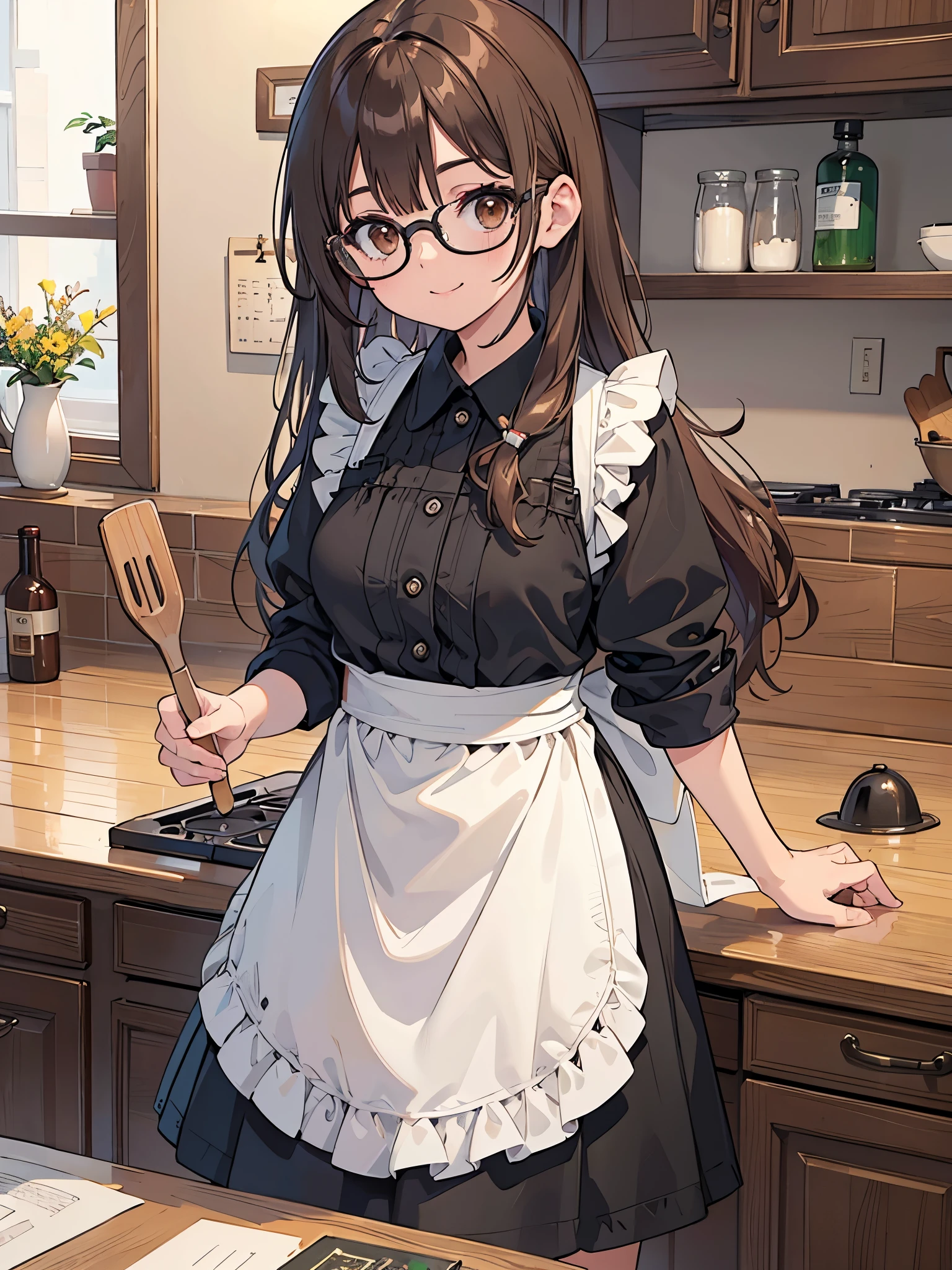 1 Female、Brown hair、Brown Eyes、Best Quality、Super detailed、8 Resolution、Raw photo、Mastepiece、Perfect Body、high resolution、highest quality、Detailed drawing、Vibrant colors、lure、smile、Long Hair、Black-rimmed glasses、Captivating breasts、kitchen、apron、sexy