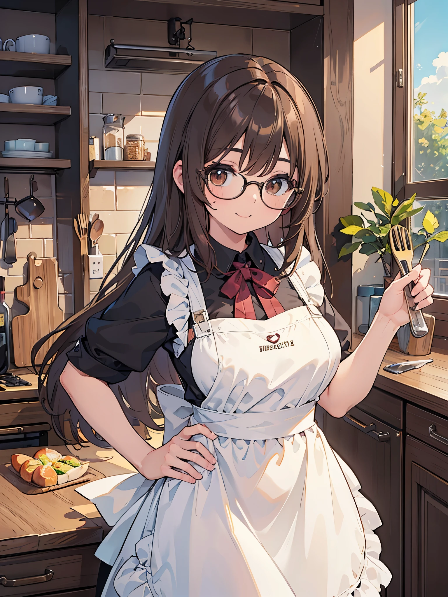 1 Female、Brown hair、Brown Eyes、Best Quality、Super detailed、8 Resolution、Raw photo、Mastepiece、Perfect Body、high resolution、highest quality、Detailed drawing、Vibrant colors、lure、smile、Long Hair、Black-rimmed glasses、Captivating breasts、kitchen、apron、sexy