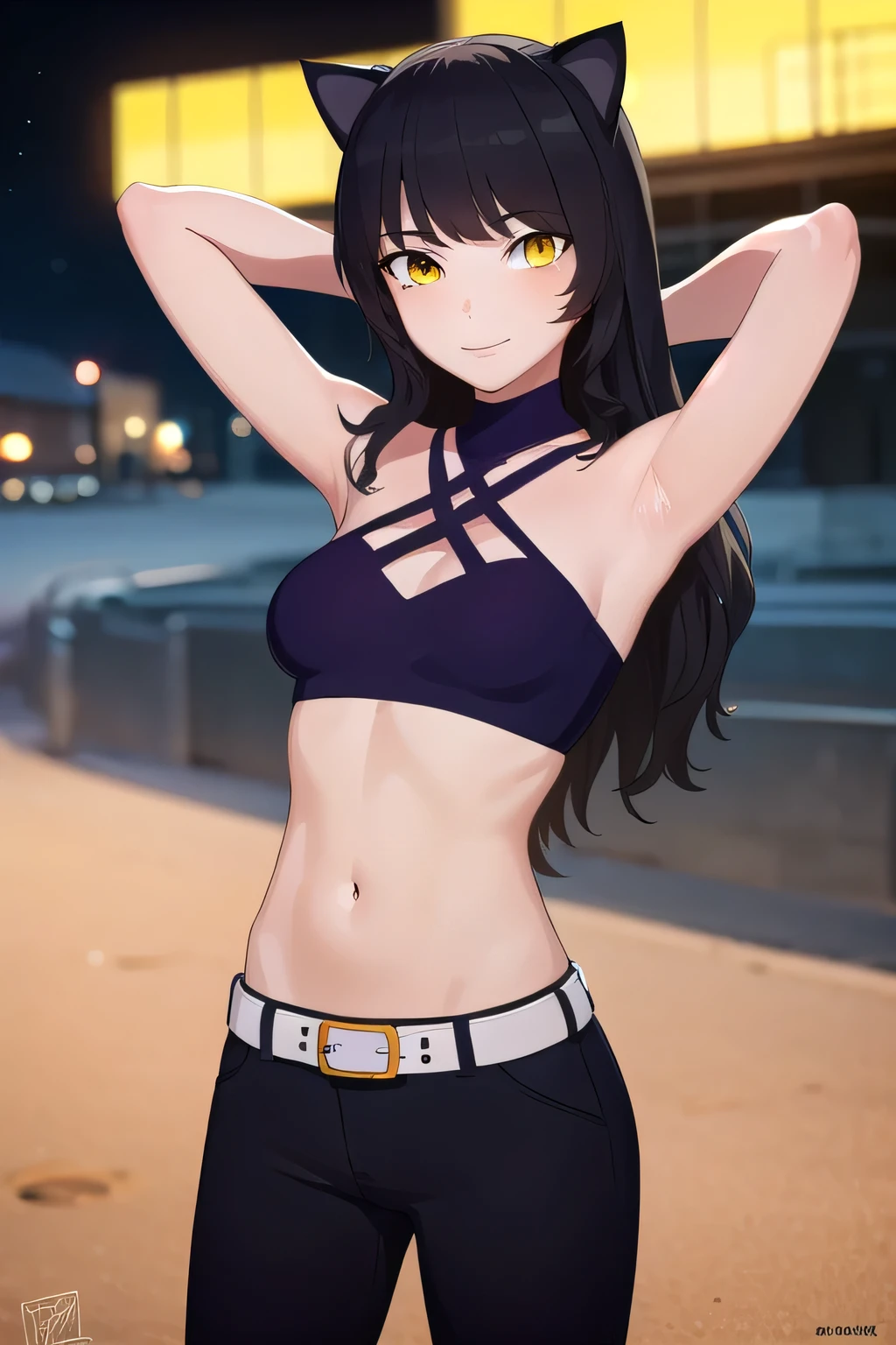 blake, blake, blake belladonna, long hair, black hair, (yellow eyes:1.5), long hair, bangs, animal ears, cat ears,
BREAK navel, midriff, belt, halterneck, criss-cross halter, bare shoulders, bare arms, pants, black pants,
bikini, (cowboy shot:1.5), night sky, beach, masterpiece, arms behind head, contrapposto, shy smile, spread armpits, shy smile, looking at viewer,
BREAK (masterpiece:1.2), best quality, high resolution, unity 8k wallpaper, (illustration:0.8), (beautiful detailed eyes:1.6), extremely detailed face, perfect lighting, extremely detailed CG, (perfect hands, perfect anatomy),