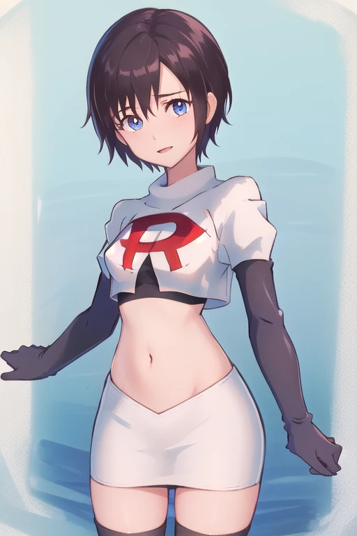 masterpiece, best quality, highres, aaxion, short hair, team rocket,team rocket uniform,white skirt,red letter R,crop top,black thigh-highs,black elbow gloves, cowboy shot, 