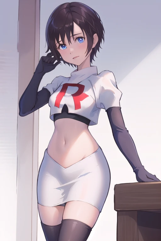 masterpiece, best quality, highres, aaxion, short hair, team rocket,team rocket uniform,white skirt,red letter R,crop top,black thigh-highs,black elbow gloves, cowboy shot, 