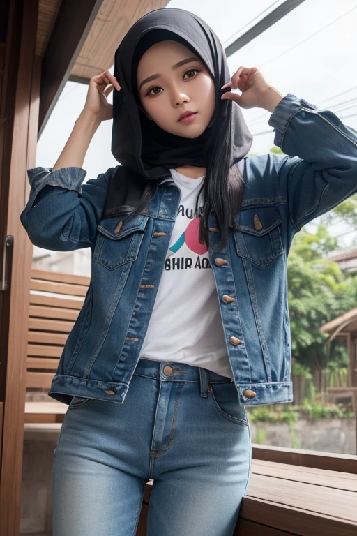 seorang cewe Cantik berhijab,umur 26 tahun, ,pake jaket warna birusedang bermain gitar diteras rumah,posisi duduk kaki silang,celana jeans sobek,dekat meja,kursi,pandangan kedepan senyum,
latar belakang di teras rumah pemandangan indah,sore hari
kualitas tinggi
sangat nyata