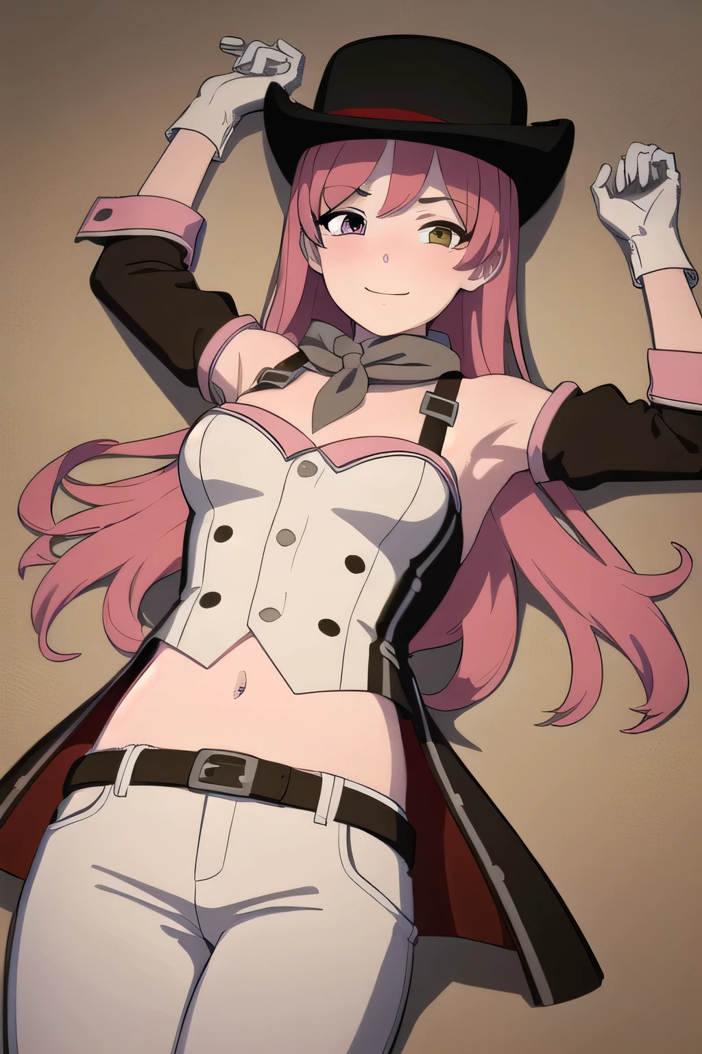 neopolitan, long hair, brown hair, (brown eyes:1.3), pink hair, multicolored hair, pink eyes, two-tone hair, (heterochromia:1.2), split-color hair, BREAK gloves, hat, navel, brown eyes, detached sleeves, belt, pants, white gloves, black headwear, bowler hat, pink bikini, (cowboy shot:1.5), masterpiece, lying, on back, on sand, arms up, smile, looking at viewer, smile, looking at viewer, closed mouth, BREAK (masterpiece:1.2), best quality, high resolution, unity 8k wallpaper, (illustration:0.8), (beautiful detailed eyes:1.6), extremely detailed face, perfect lighting, extremely detailed CG, (perfect hands, perfect anatomy),