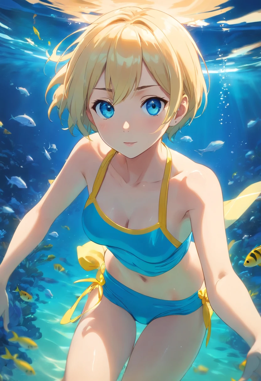 Women, ((Blonde)), ((Blue eyes)), ((Short hair)), ((Full Body)), Swimming underwater in a yellow micro bikini