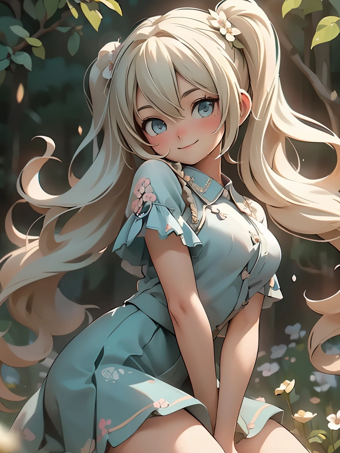 (masterpiece、highest quality、highest quality、Official Art、Beautiful and beautiful:1.2)、(One girl:1.3)Hatsune Miku、Twin tails,Big Breasts,Emily Sears ultra-realistic close-up photo, A blue peasant blouse with a blue skirt and fringe accessories. She wears a long headband or a flower crown, Flowing Hair. The stage is、Bohemian outdoor music festival and peaceful nature background, 60s Retro 69 Punch 75 captures the free-spirited, laid-back atmosphere of the era, Beautiful woman, skinny, Large Breasts, Straight blonde hair, Detailed face, smile, To the camera, Photo taken from a distance, 20-year-old,