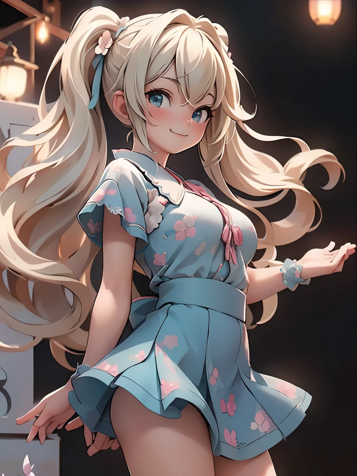 (masterpiece、highest quality、highest quality、Official Art、Beautiful and beautiful:1.2)、(One girl:1.3)Hatsune Miku、Twin tails,Big Breasts,Emily Sears ultra-realistic close-up photo, A blue peasant blouse with a blue skirt and fringe accessories. She wears a long headband or a flower crown, Flowing Hair. The stage is、Bohemian outdoor music festival and peaceful nature background, 60s Retro 69 Punch 75 captures the free-spirited, laid-back atmosphere of the era, Beautiful woman, skinny, Large Breasts, Straight blonde hair, Detailed face, smile, To the camera, Photo taken from a distance, 20-year-old,