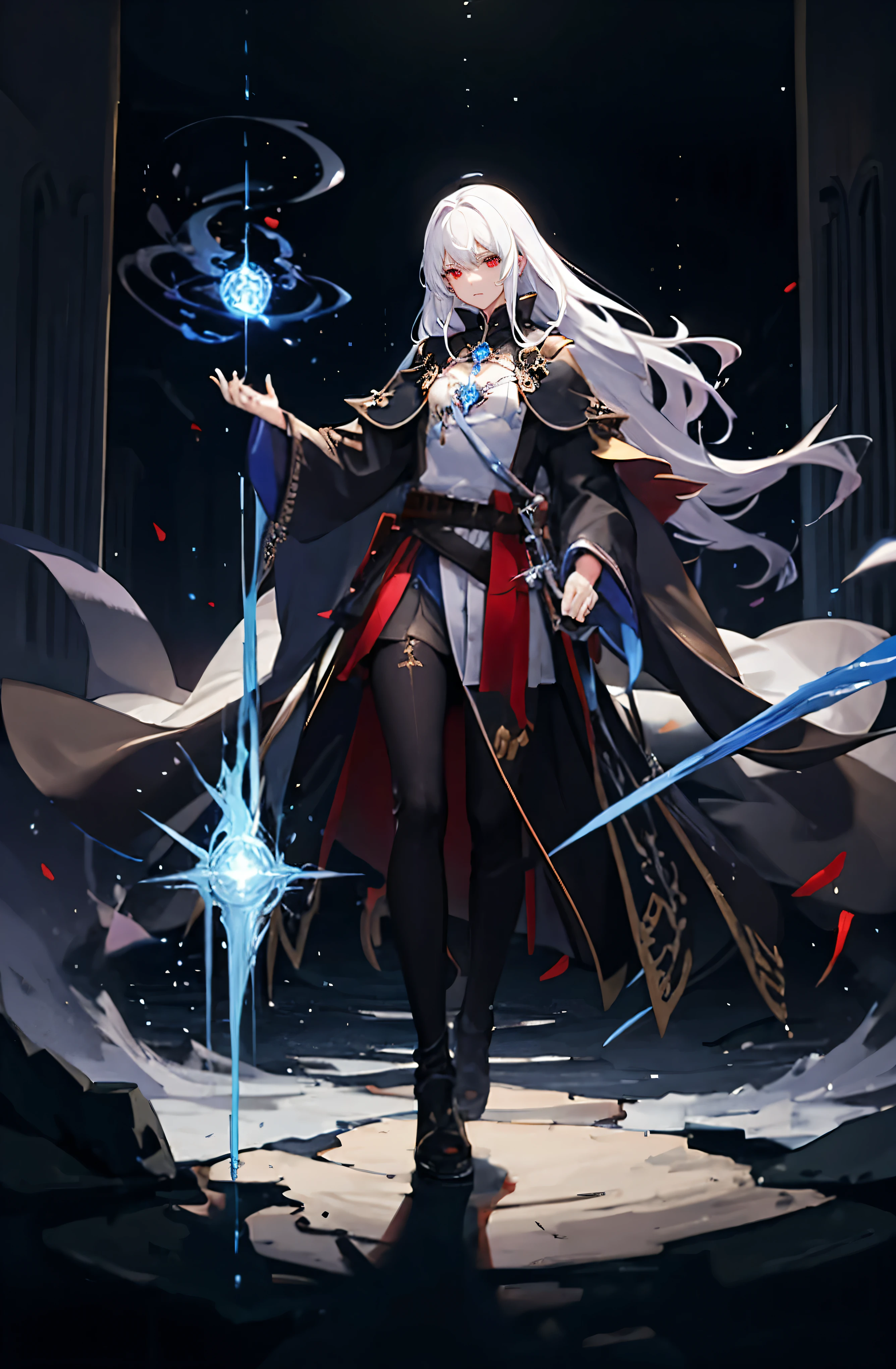 (masterpiece, figure, anime:1.3), anime boy, Red eyes, Long white hair, In the Dark, (Classic black outfit:1.2), Stand inside the temple at night, (messy neck Long white hair:1.1), (Red eyes:1.2), (Calm expression:1.1), (Uncovered eyes:1.1), (strong presence:1.2), (Mysterious atmosphere:1.2), (Faint moonlight:1.1), (Intricate temple architecture:1.2), (ominous shadow:1.1), (Loose-fitting robes:1.1), (Fine creases and folds:1.1), (Intense blue aura:1.2), (Symbols of power surround him:1.1), (Magical energy radiates:1.2), (Spell casting gestures:1.1), (Mysterious Relic:1.1), (Ether Particles:1.1), (Dynamic pose:1.2), (Epic soundtrack:1.2), (sense of awe:1.1), (Magical Power:1.1)