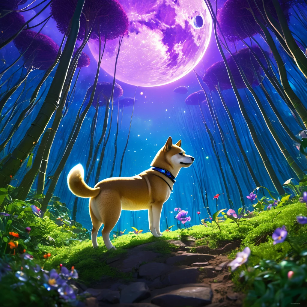 (best quality, highres, ultra-detailed, realistic:1.37), Shiba Inu cyborg super-soldier finds himself on an alien world, surrounded by a playful and fascinating cat kingdom. The Shiba Inu is equipped with mechanical enhancements, including robotic limbs and glowing electronic eyes. As he explores the exotic landscape, he is accompanied by a group of cat creatures that are curious and friendly towards him. The lush and vibrant jungle is filled with towering trees, colorful flowers, and twisting vines that create a surreal and dreamlike environment. The air is filled with the delightful chirping of birds and the mesmerizing sounds of nature. At the top of a steep hill, the Shiba Inu's rocket, shaped like a giant tennis ball, stands tall and ready for adventure. The rocket is adorned with futuristic technology, giving it a sleek and powerful appearance. The sky above is bathed in warm hues of purple and blue, casting a serene and otherworldly glow. The gentle beams of sunlight filter through the canopy, creating beautiful patterns of light and shadow on the forest floor. As the Shiba Inu embarks on this intergalactic escapade, he embraces the unknown with excitement and curiosity, ready to uncover the mysteries of this extraordinary world.