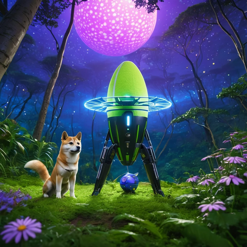 (best quality, highres, ultra-detailed, realistic:1.37), Shiba Inu cyborg super-soldier finds himself on an alien world, surrounded by a playful and fascinating cat kingdom. The Shiba Inu is equipped with mechanical enhancements, including robotic limbs and glowing electronic eyes. As he explores the exotic landscape, he is accompanied by a group of cat creatures that are curious and friendly towards him. The lush and vibrant jungle is filled with towering trees, colorful flowers, and twisting vines that create a surreal and dreamlike environment. The air is filled with the delightful chirping of birds and the mesmerizing sounds of nature. At the top of a steep hill, the Shiba Inu's rocket, shaped like a giant tennis ball, stands tall and ready for adventure. The rocket is adorned with futuristic technology, giving it a sleek and powerful appearance. The sky above is bathed in warm hues of purple and blue, casting a serene and otherworldly glow. The gentle beams of sunlight filter through the canopy, creating beautiful patterns of light and shadow on the forest floor. As the Shiba Inu embarks on this intergalactic escapade, he embraces the unknown with excitement and curiosity, ready to uncover the mysteries of this extraordinary world.