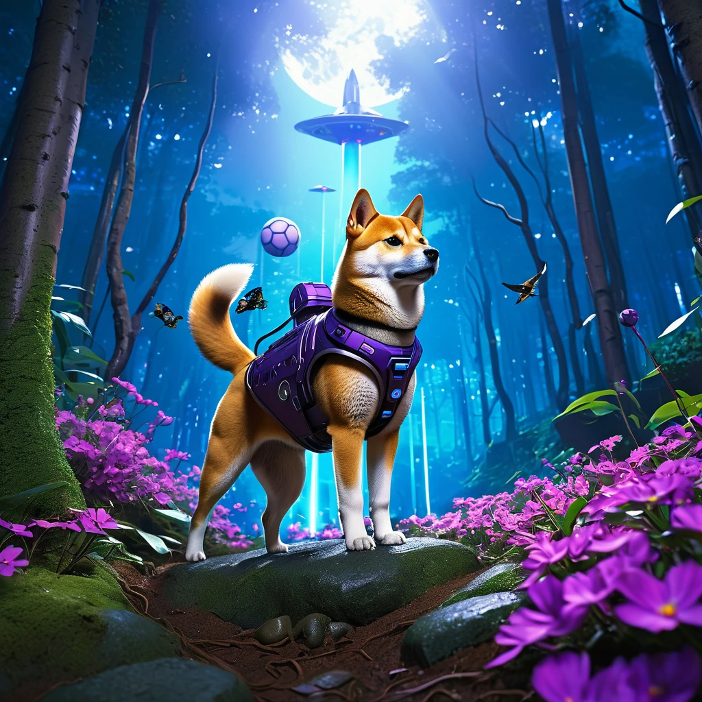 (best quality, highres, ultra-detailed, realistic:1.37), Shiba Inu cyborg super-soldier finds himself on an alien world, surrounded by a playful and fascinating cat kingdom. The Shiba Inu is equipped with mechanical enhancements, including robotic limbs and glowing electronic eyes. As he explores the exotic landscape, he is accompanied by a group of cat creatures that are curious and friendly towards him. The lush and vibrant jungle is filled with towering trees, colorful flowers, and twisting vines that create a surreal and dreamlike environment. The air is filled with the delightful chirping of birds and the mesmerizing sounds of nature. At the top of a steep hill, the Shiba Inu's rocket, shaped like a giant tennis ball, stands tall and ready for adventure. The rocket is adorned with futuristic technology, giving it a sleek and powerful appearance. The sky above is bathed in warm hues of purple and blue, casting a serene and otherworldly glow. The gentle beams of sunlight filter through the canopy, creating beautiful patterns of light and shadow on the forest floor. As the Shiba Inu embarks on this intergalactic escapade, he embraces the unknown with excitement and curiosity, ready to uncover the mysteries of this extraordinary world.