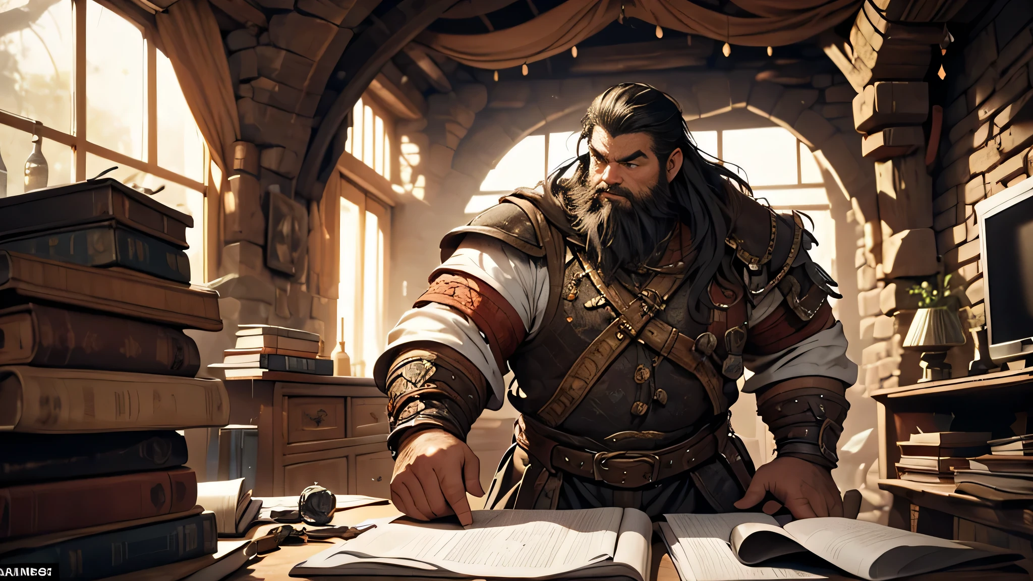 depict a dwarf with short black hair and a beard, sturdy body, rear view. was in a room in a cave, the room looked messy and dusty with notes scattered around, fantasy theme